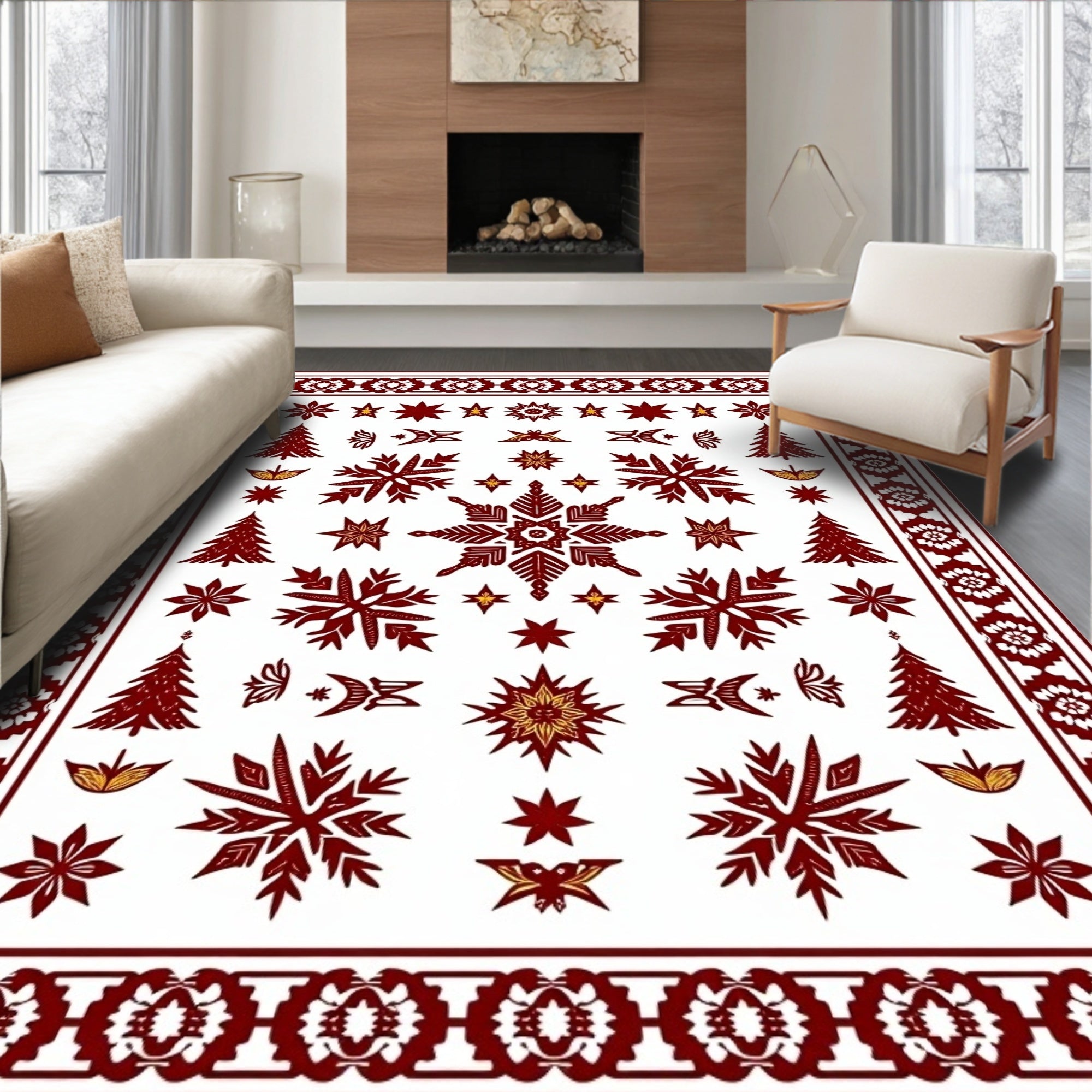 Crimson Starburst Snowflake Christmas Trees Rug