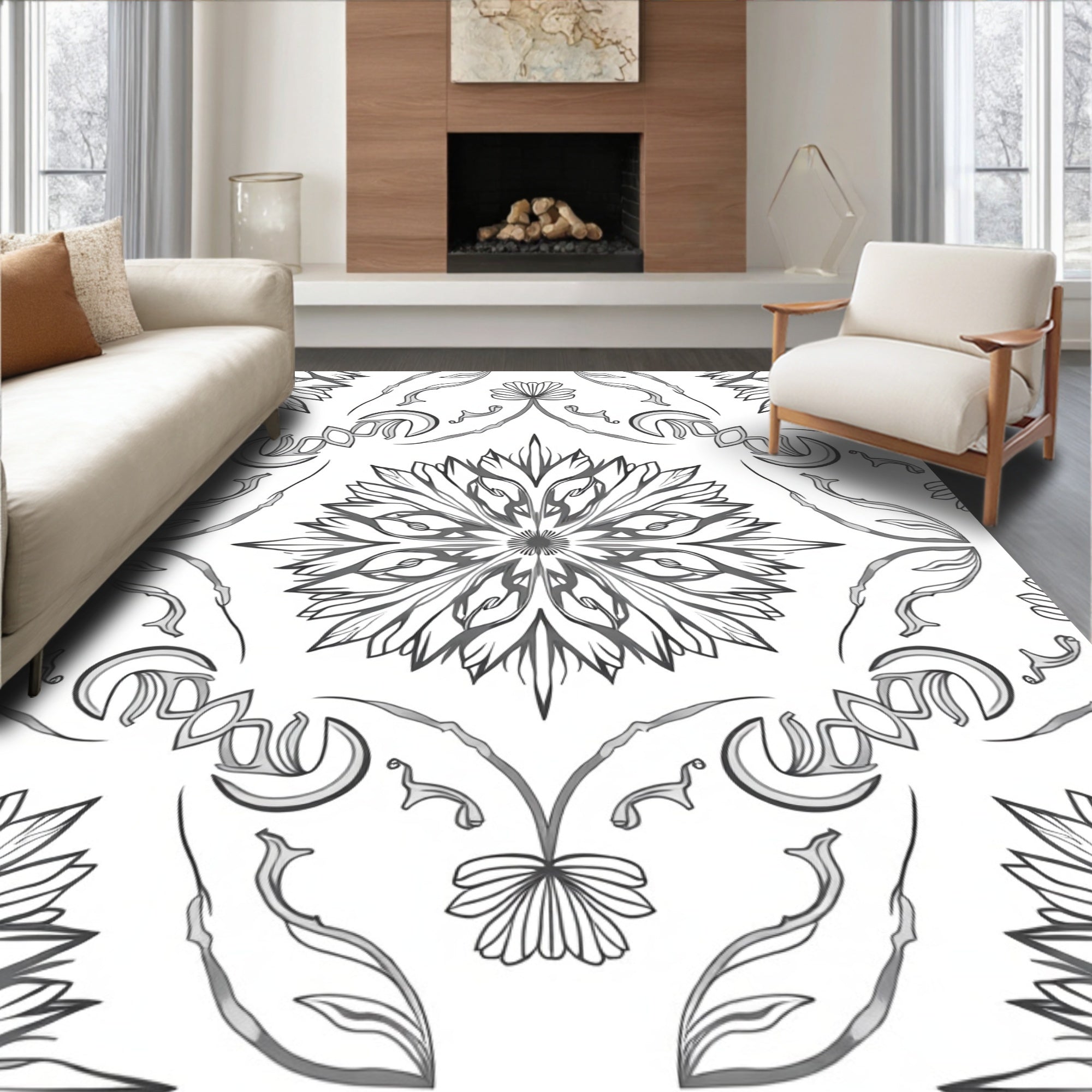 Monochromatic Floral Medallion Accents Rug
