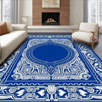 Royal Blue White Ornate Floral Medallion Rug
