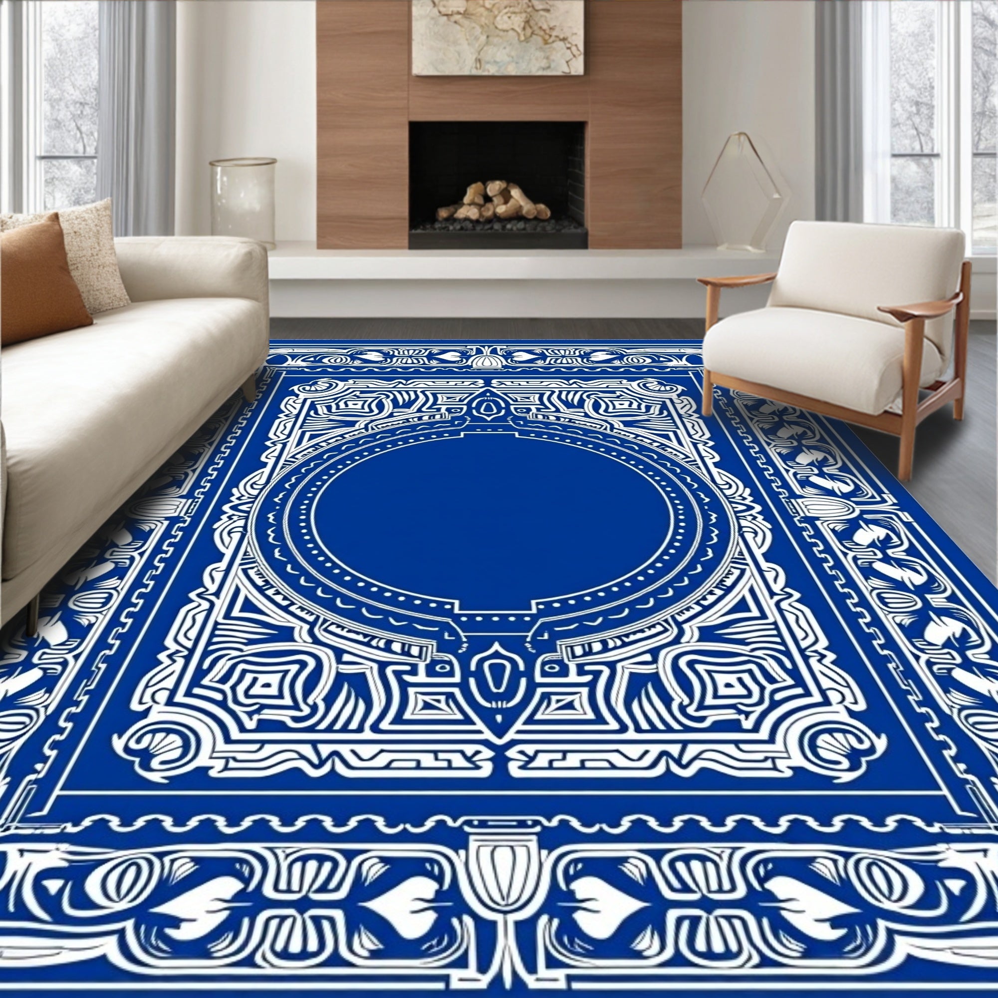 Royal Blue White Ornate Floral Medallion Rug