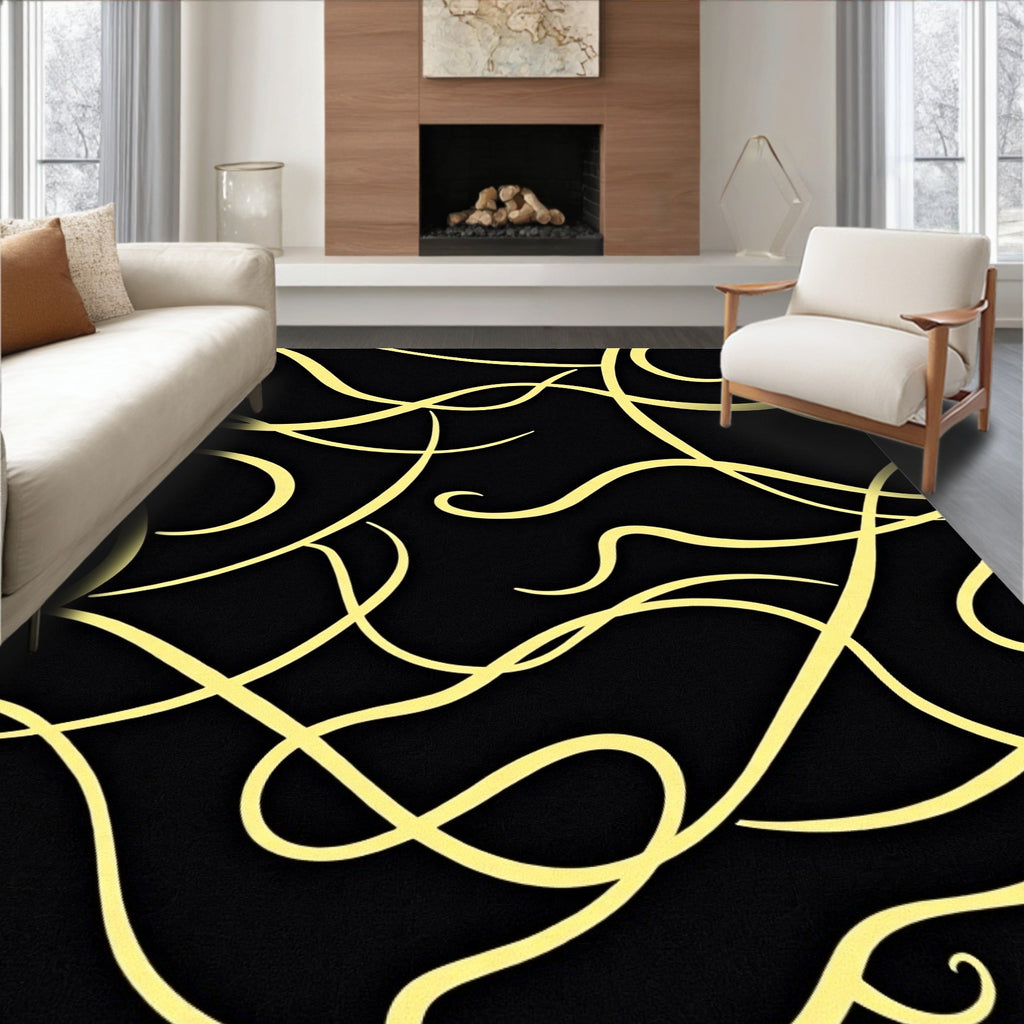 Golden Swirls on Black Canvas Rug