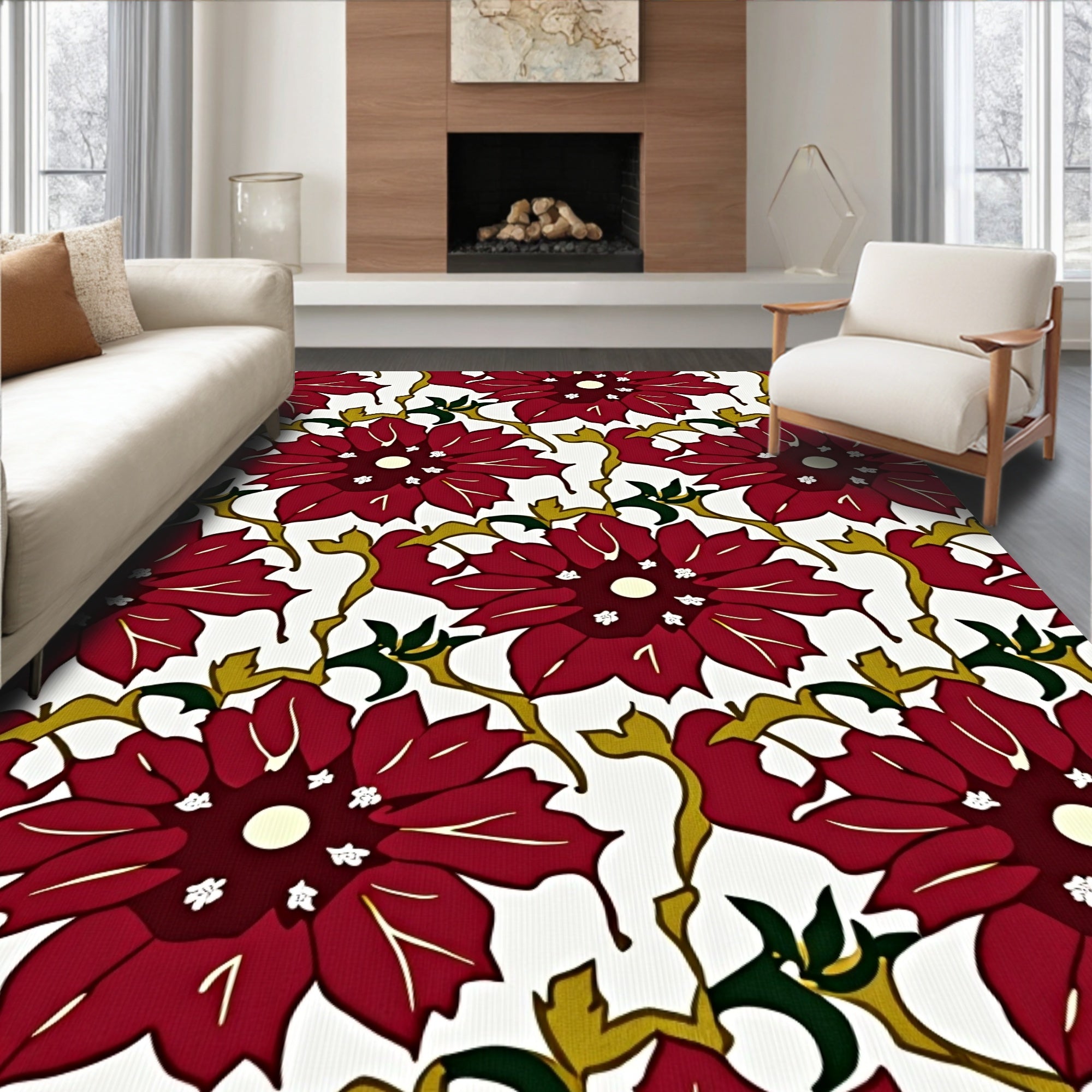 Rich Red Floral Vine Meadow Rug