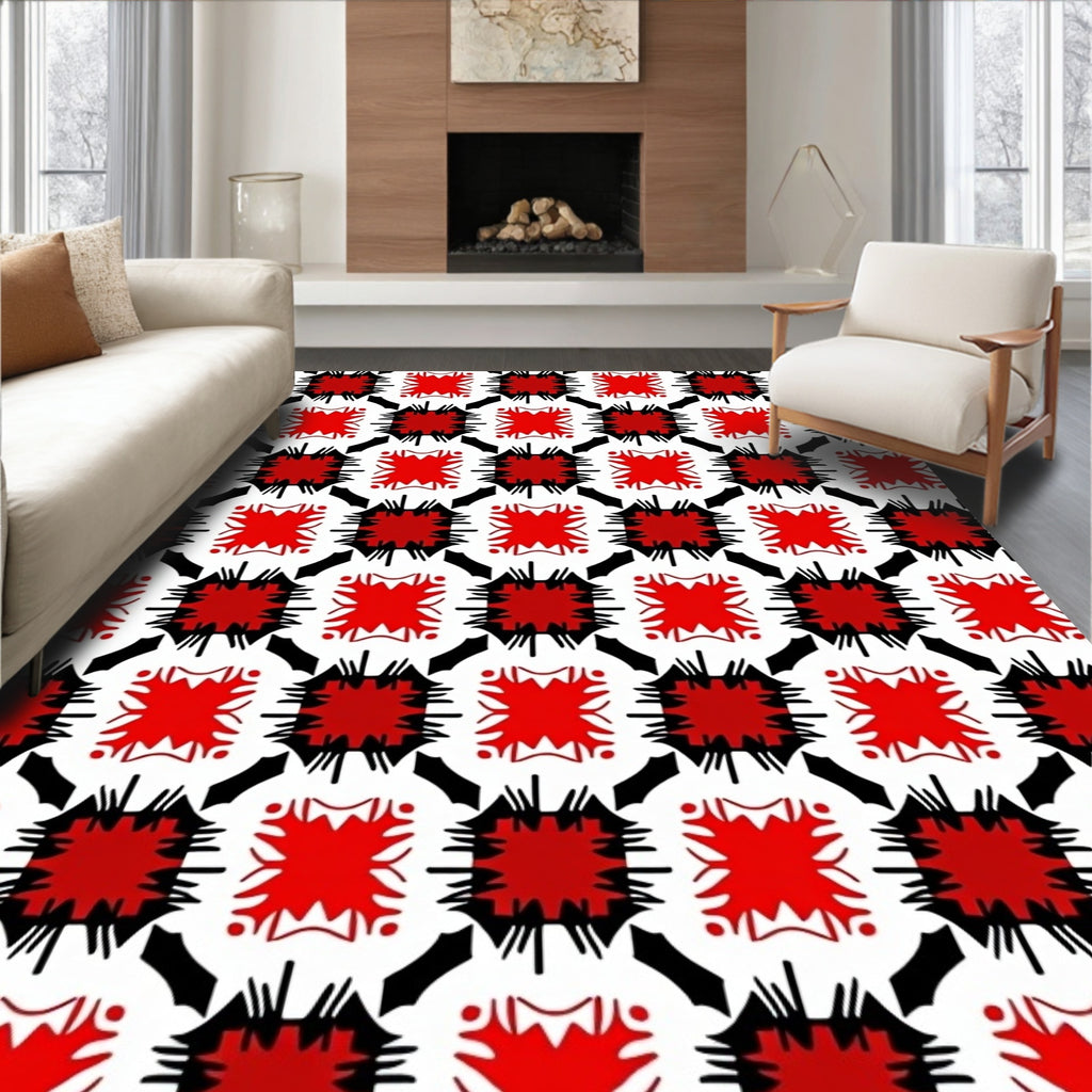 Bold Red Jagged Square Arrangement Rug