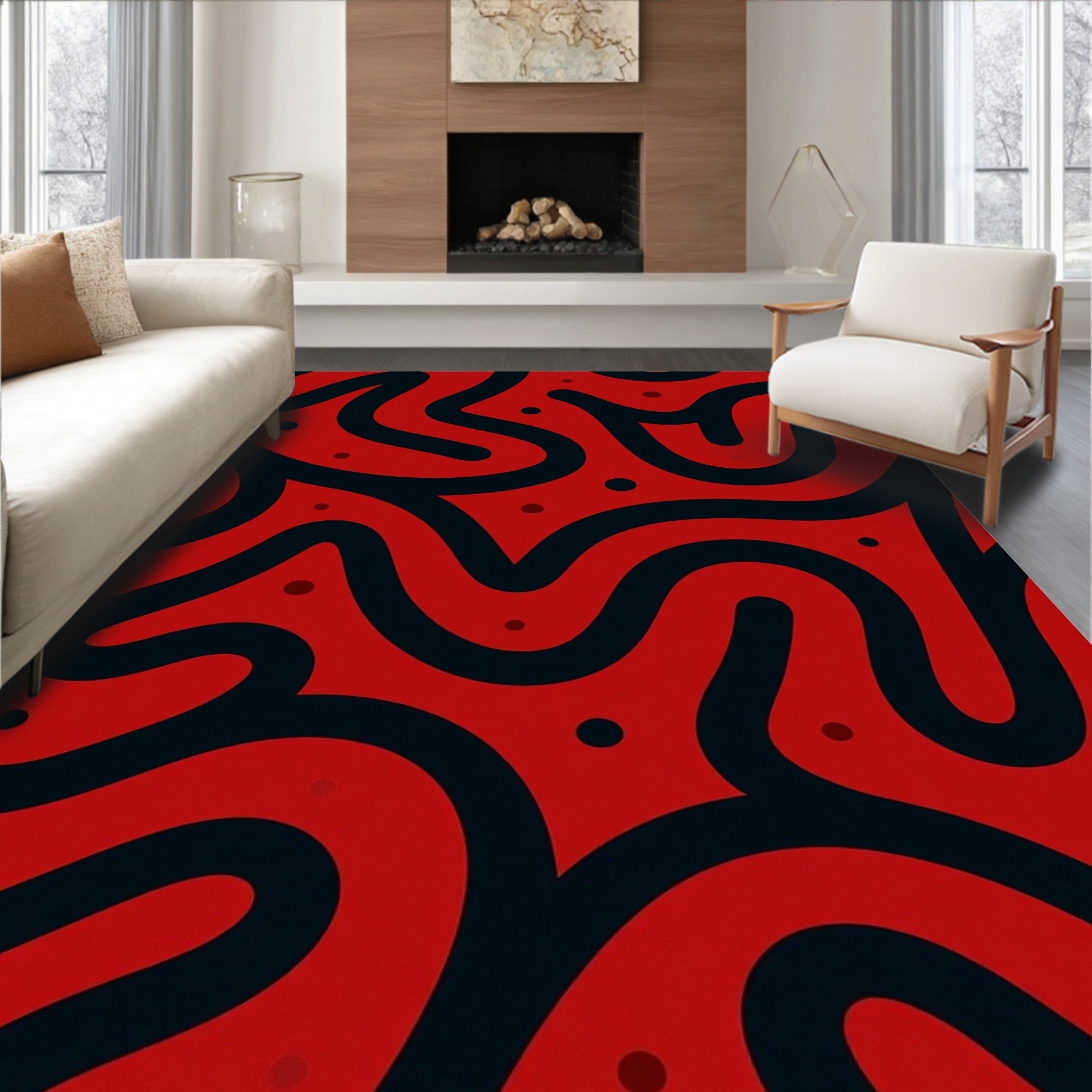 Bold Red Black Organic Swirls Rug