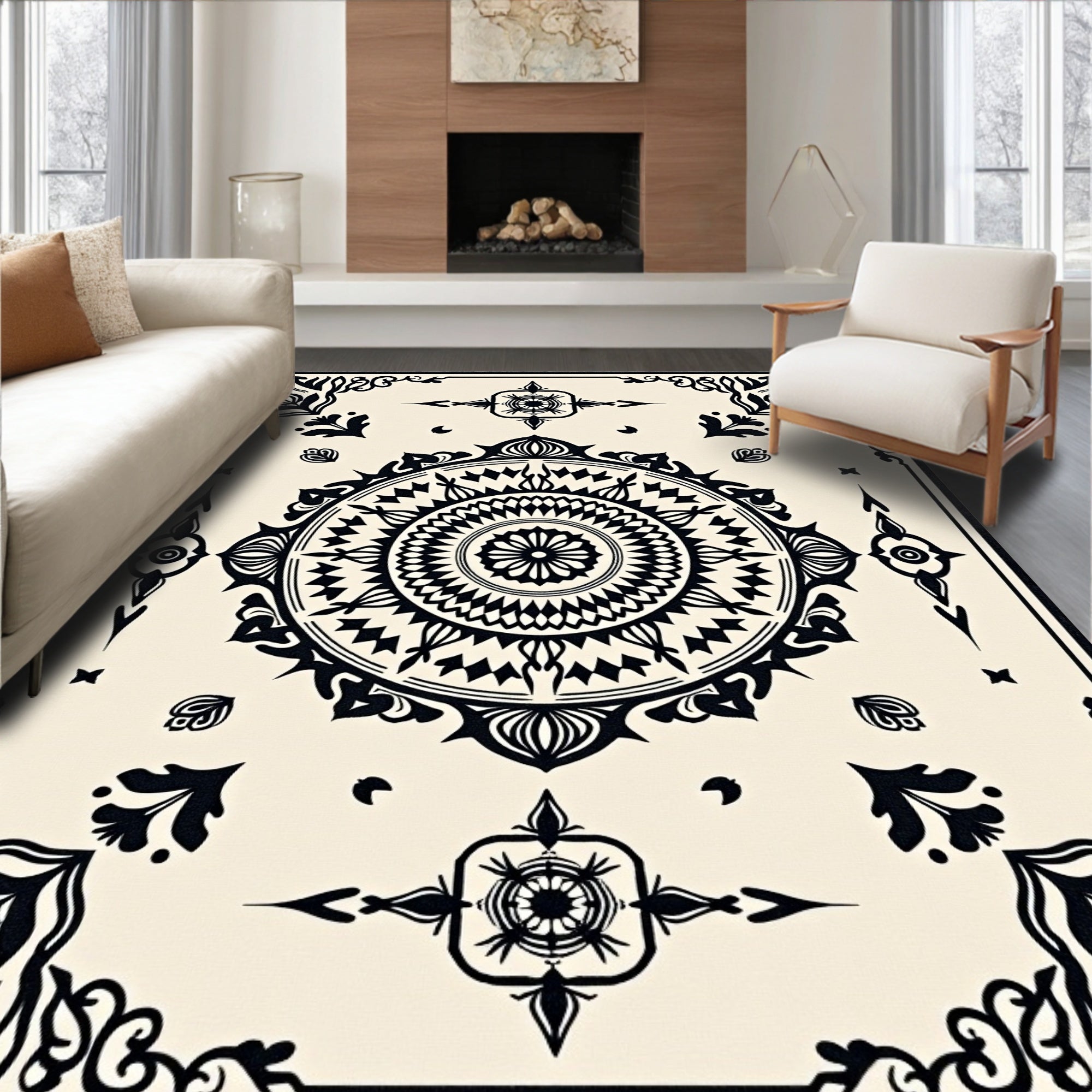 Elegant Black Geometric Medallion Sunburst Rug