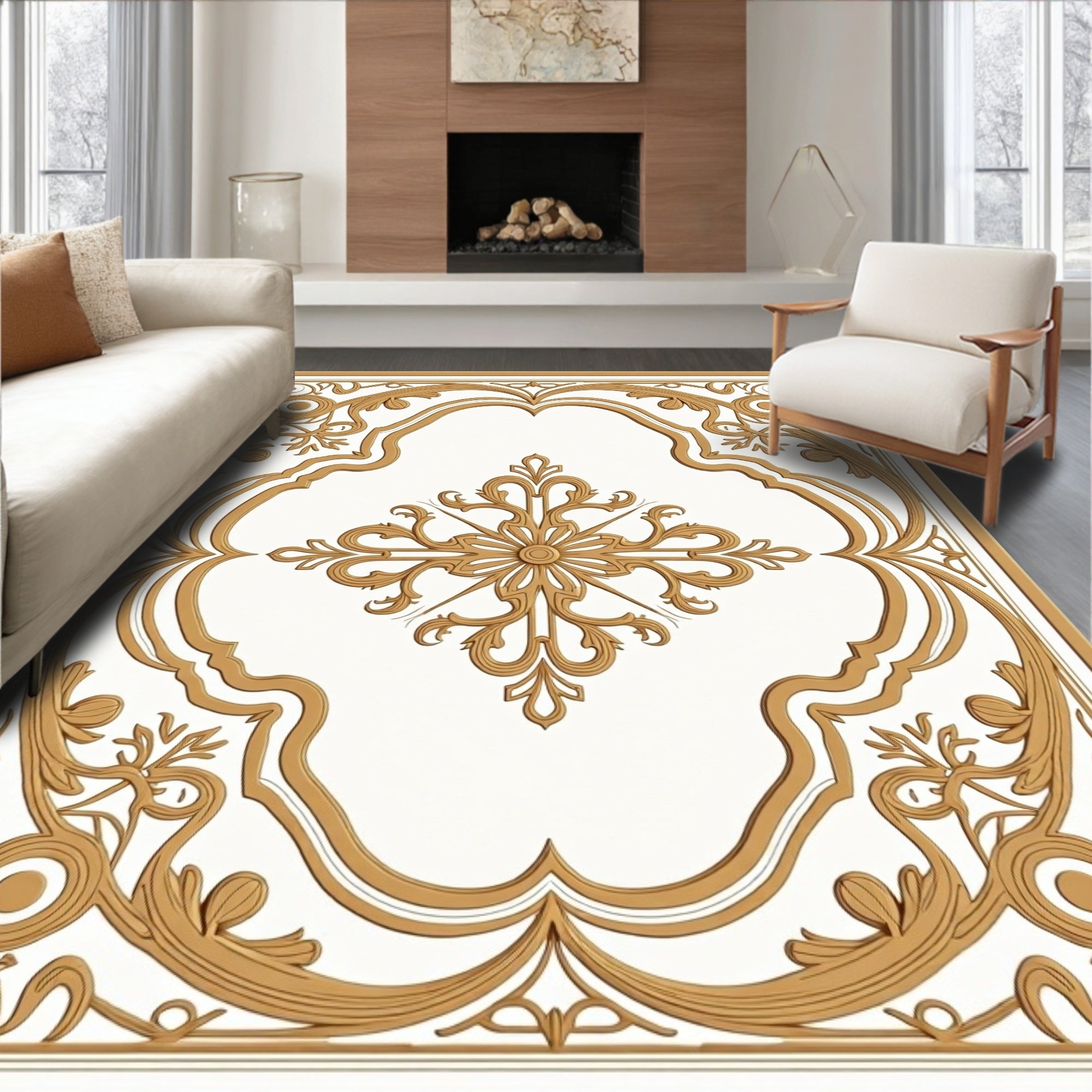 Golden Ornate Floral Medallion Rug