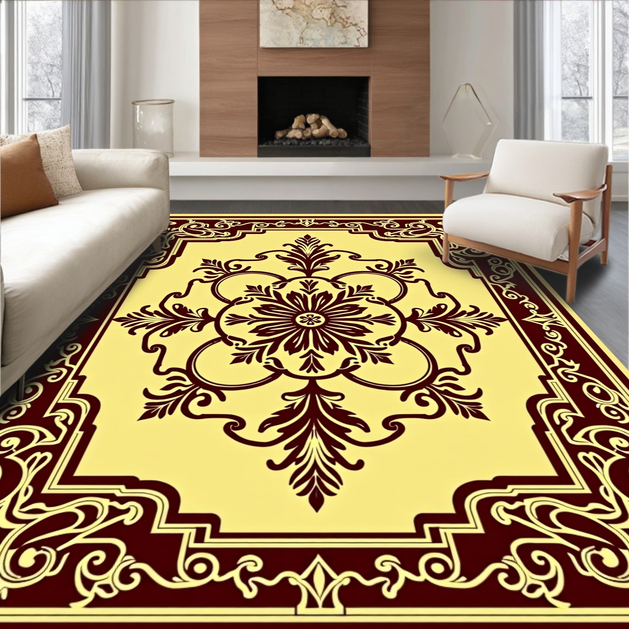 Ornate Burgundy Floral Medallion Yellow Rug