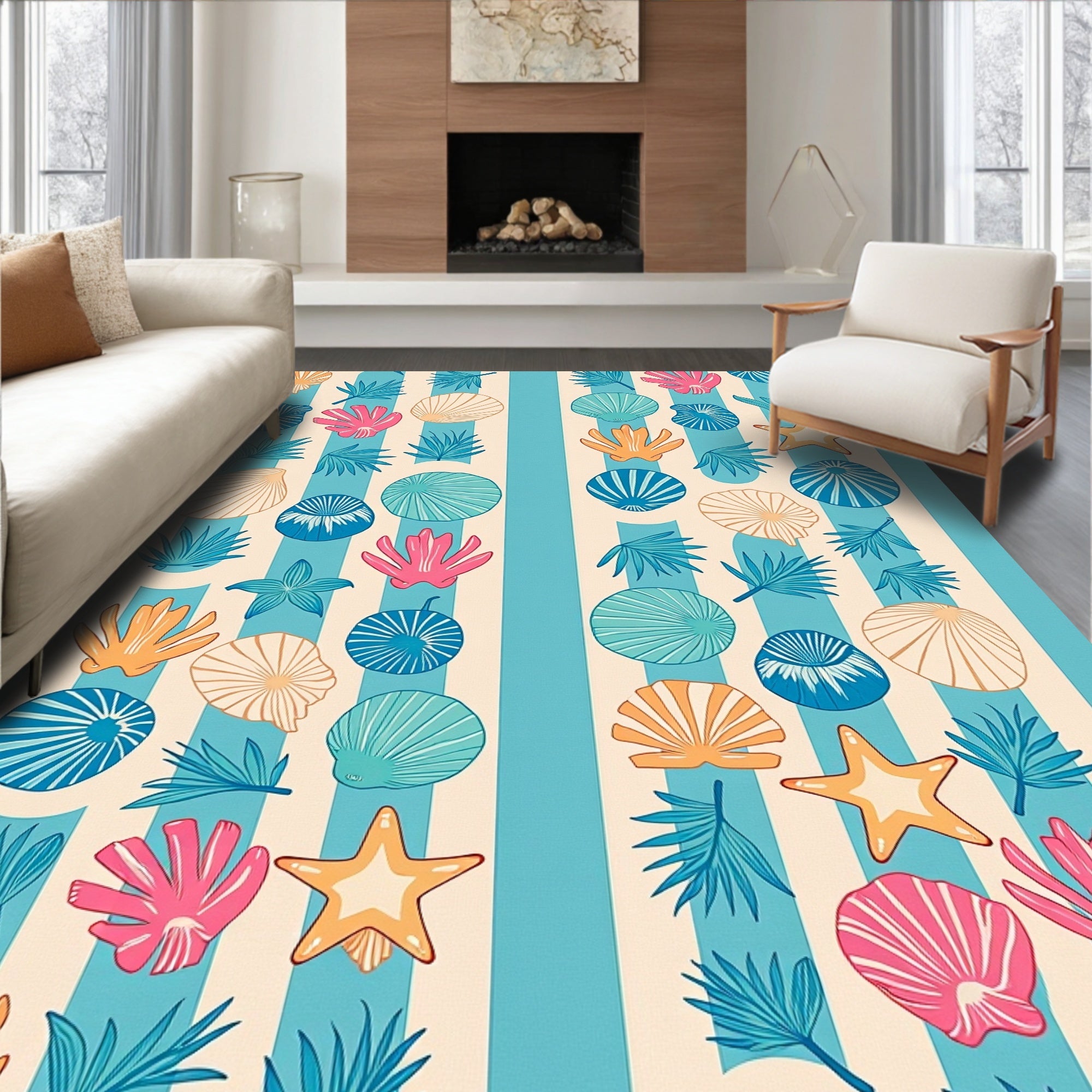 Aquatic Shell Starfish Foliage Stripes Rug