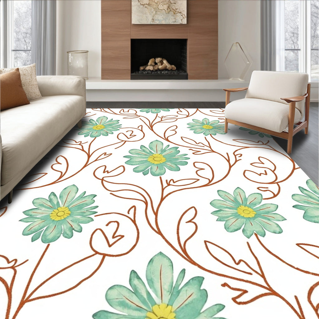 Teal Flowers On Brown Vine Rug