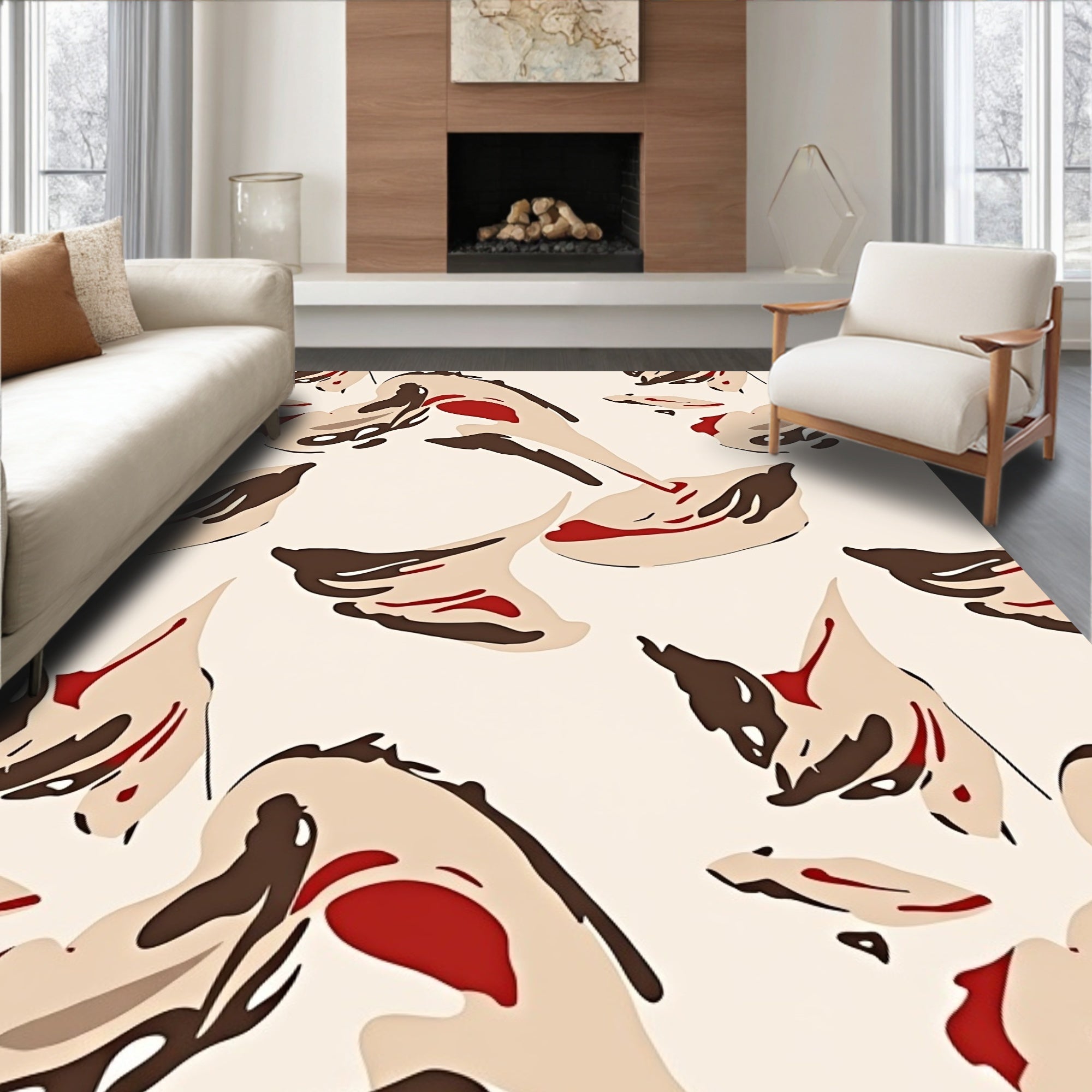 Abstract Cream Brown Red Organic Shapes Rug