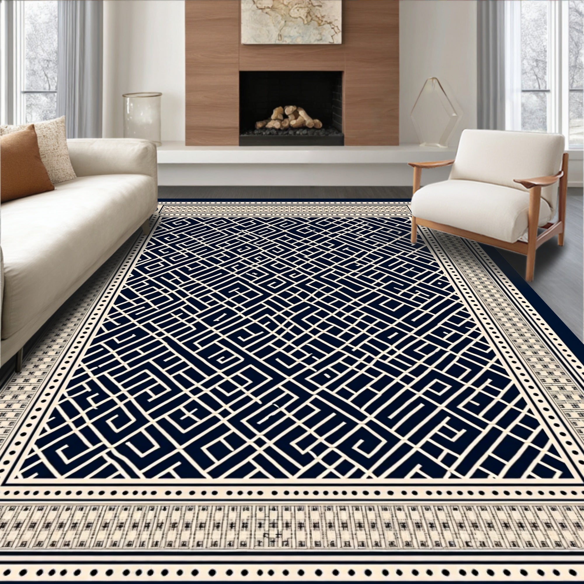 Ivory Geometric Labyrinth Navy Rug