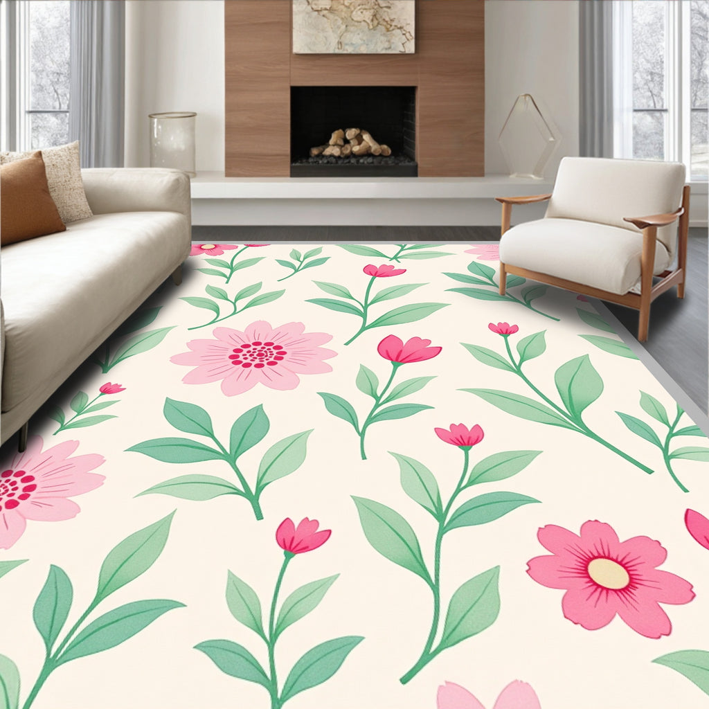 Sweet Pink Floral Cream Botanical Rug