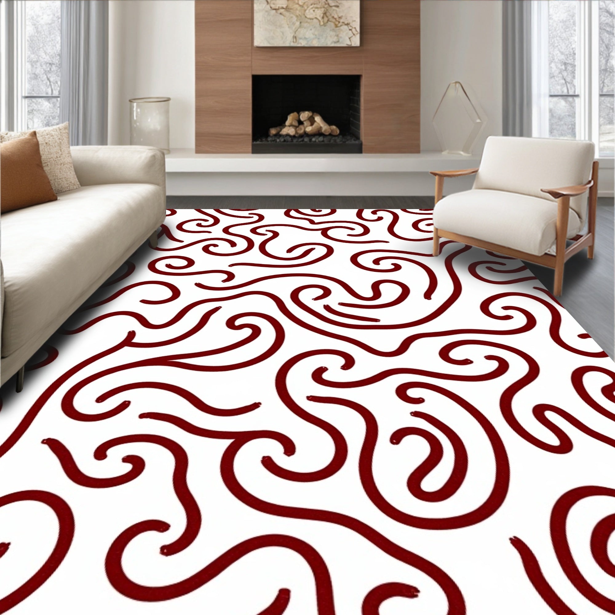 Crimson Swirl Abstract Continuous Line Rug