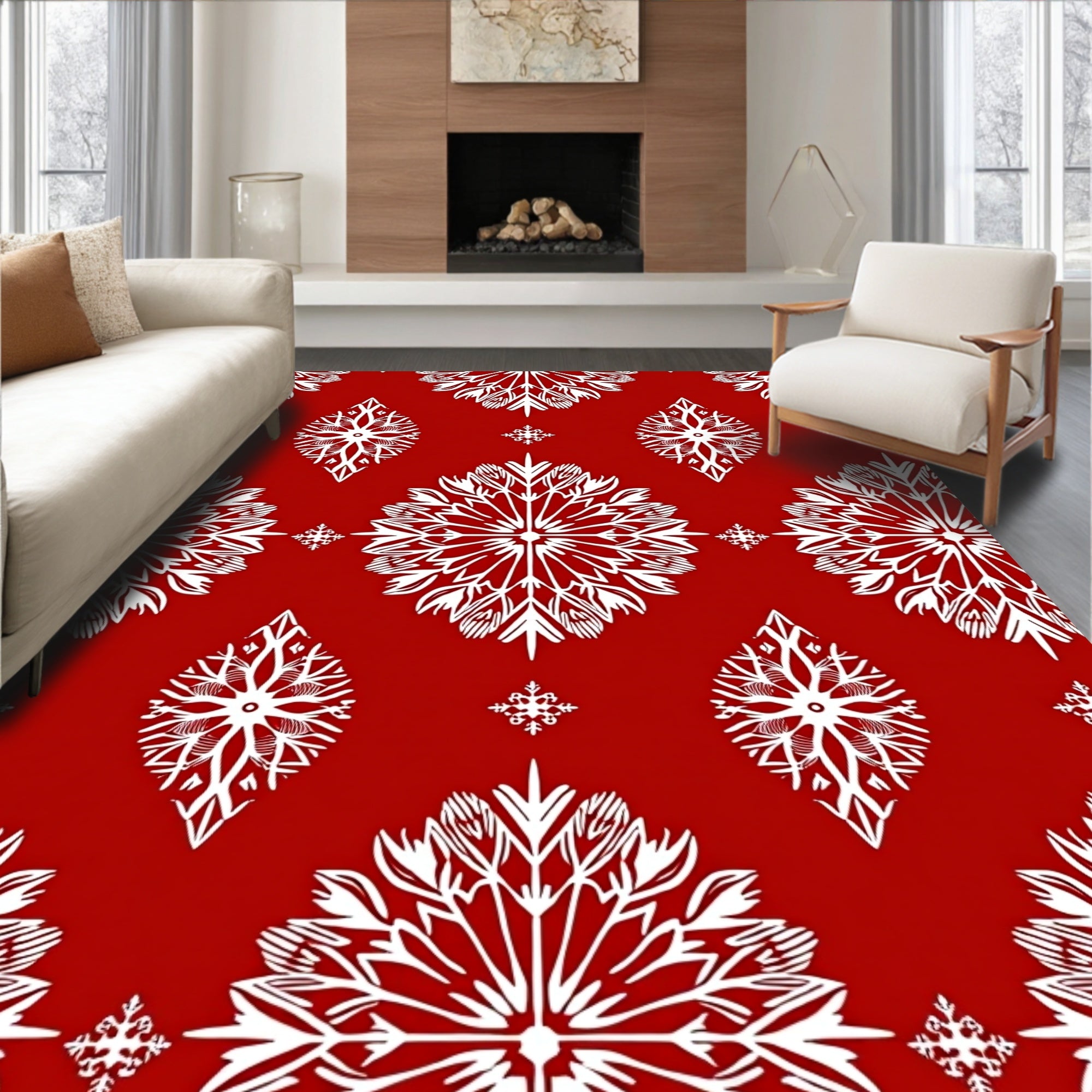 Crimson White Snowflake Medallion Rug