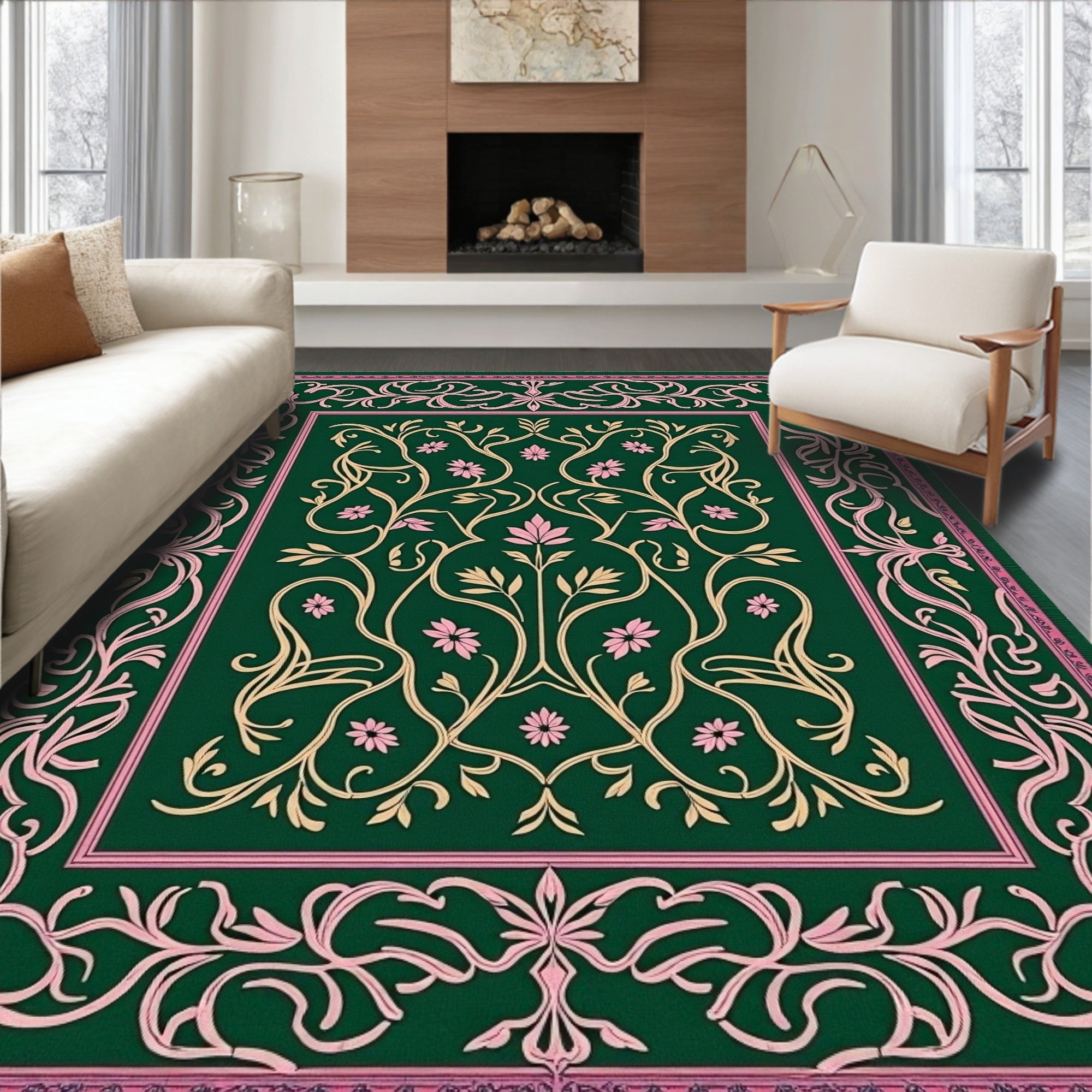 Emerald Green Floral Vine Border Rug