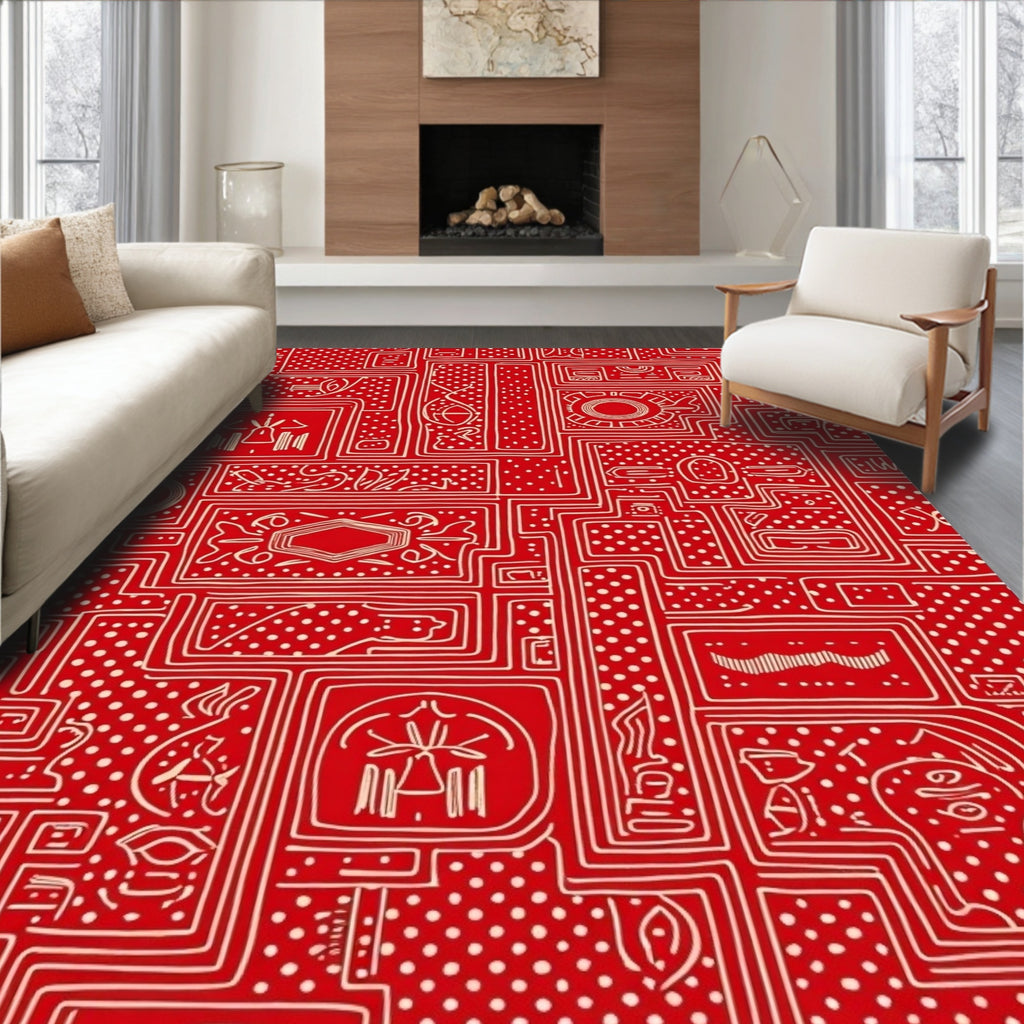 Red White Graphic Dotted Rectangles Rug
