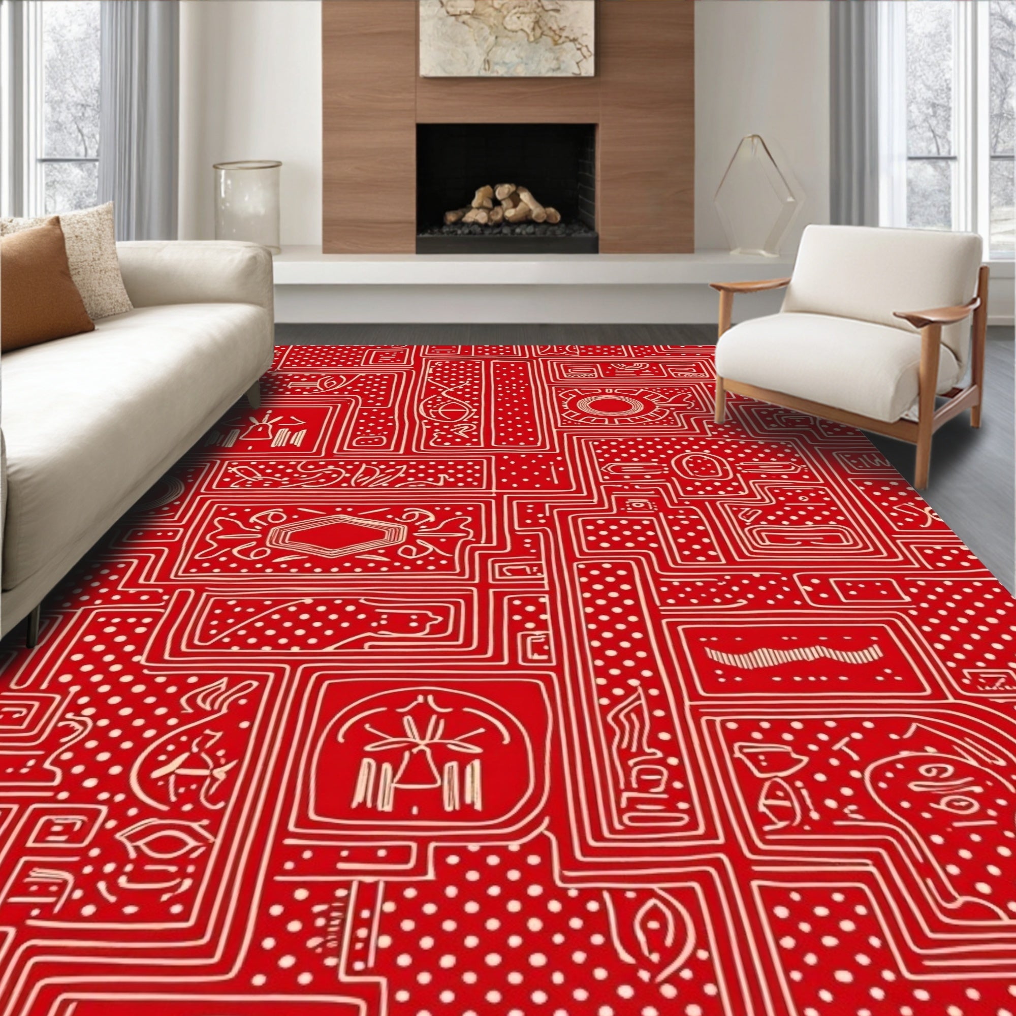 Red White Graphic Dotted Rectangles Rug