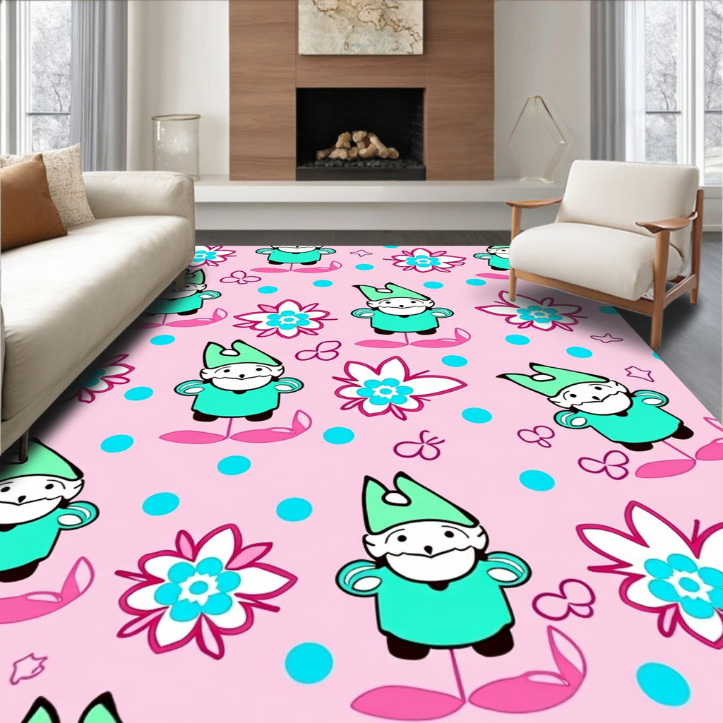 Pink Gnome Floral Whimsical Repeating Pattern Rug