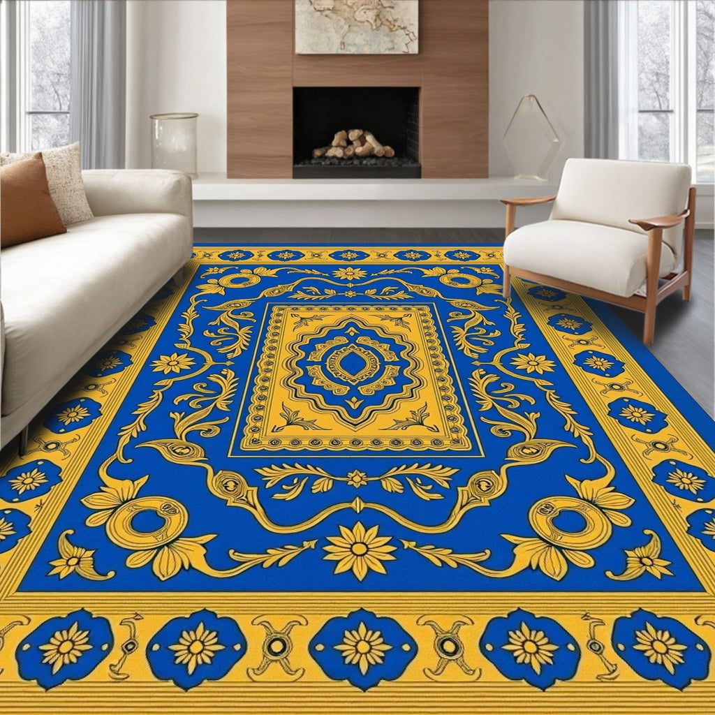 Royal Blue and Gold Floral Medallion Rug
