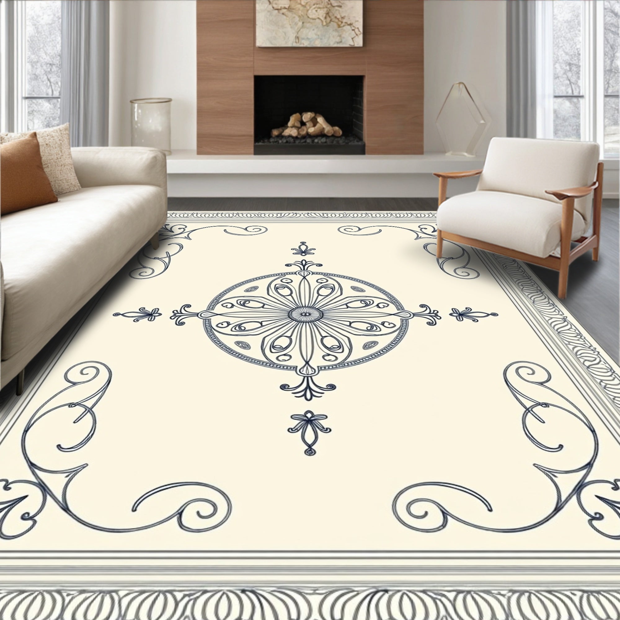 Cream Navy Filigree Medallion Border Rug