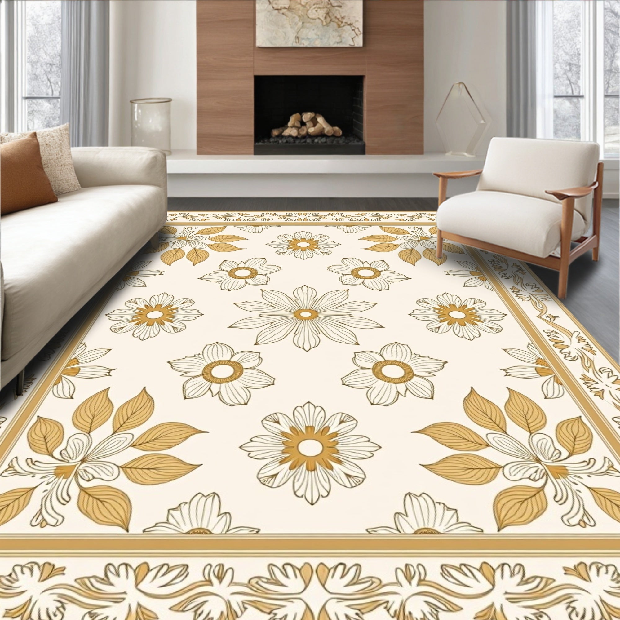 Golden Floral Garden Border Rug