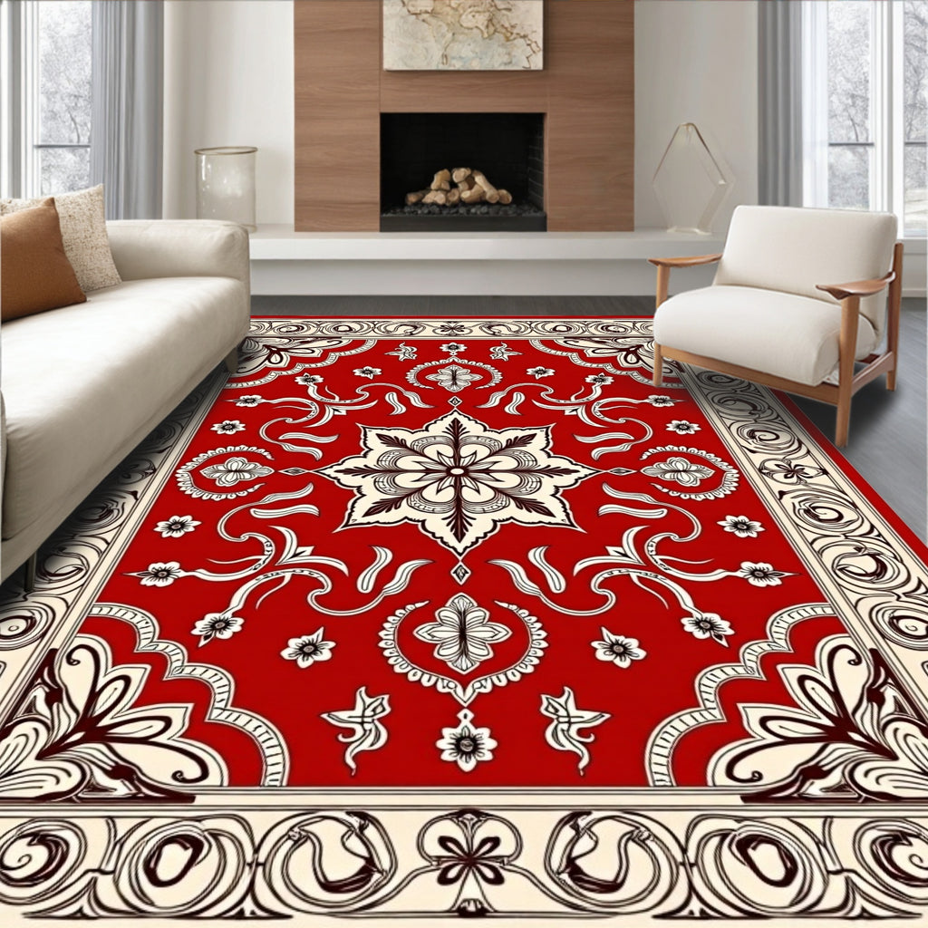 Crimson Cream Floral Central Medallion Rug