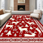 Cream Deer and Pine Tree Christmas Rug