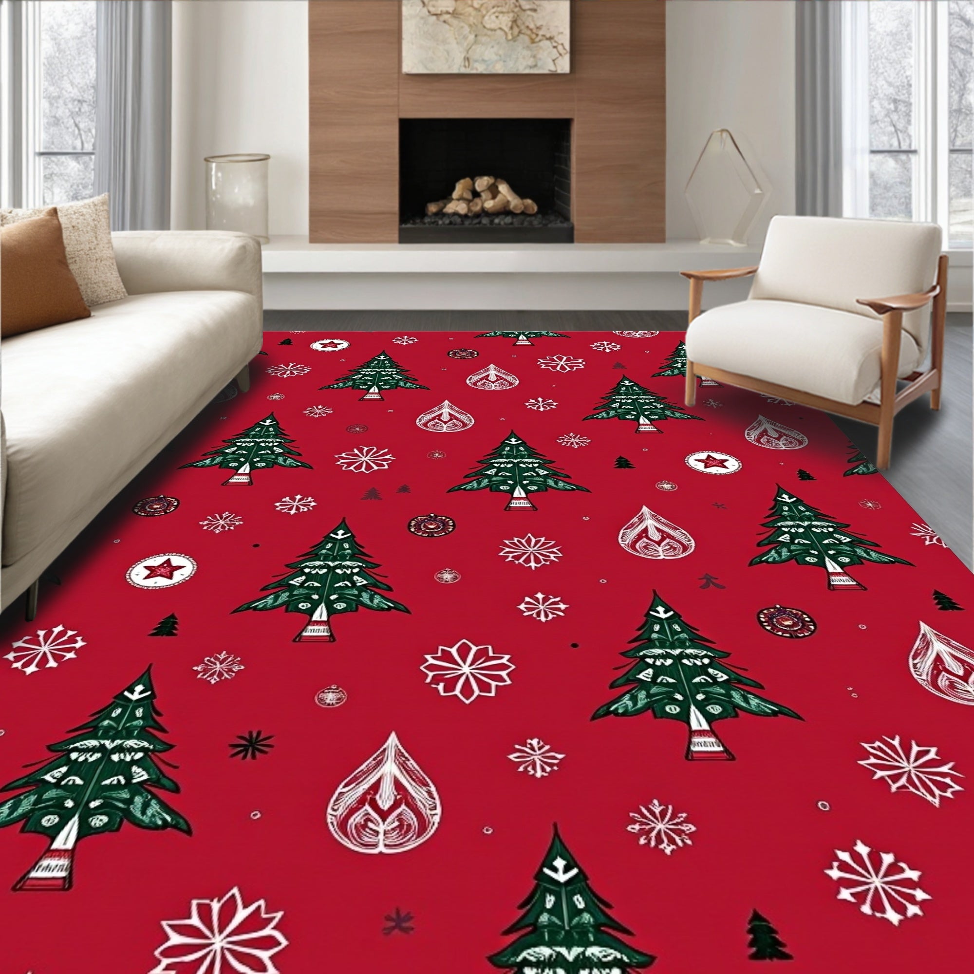 Festive Red Christmas Tree Snowflake Rug