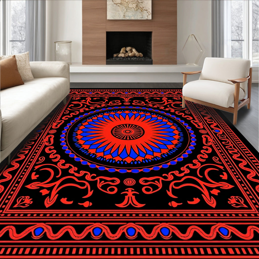 Vibrant Red Blue Sunburst Floral Rug
