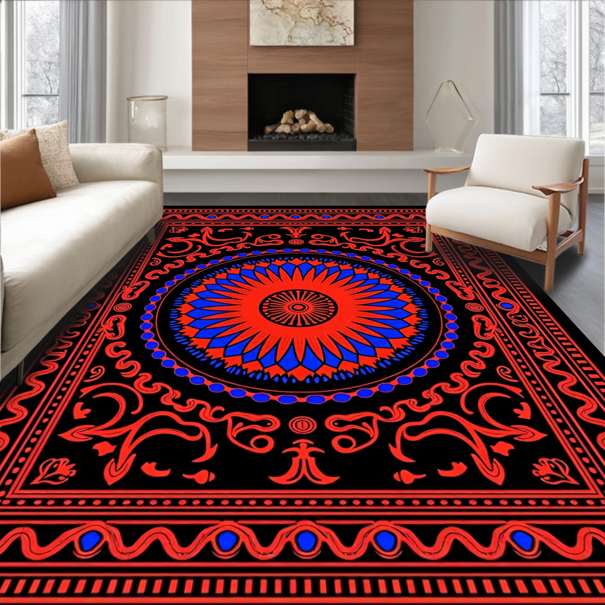 Vibrant Red Blue Sunburst Floral Rug