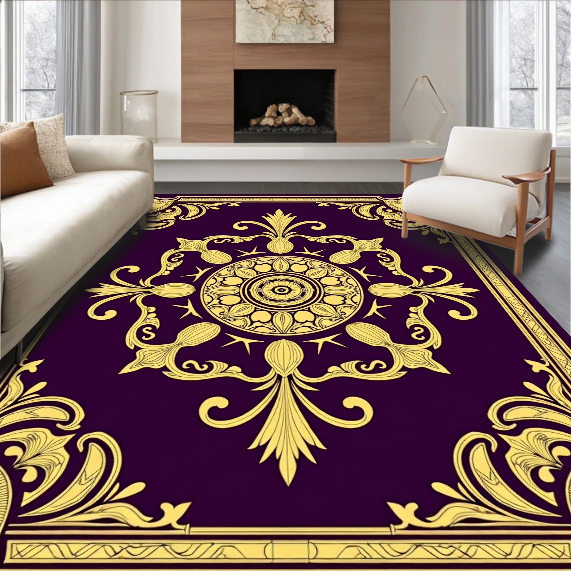 Royal Gold Purple Floral Medallion Rug