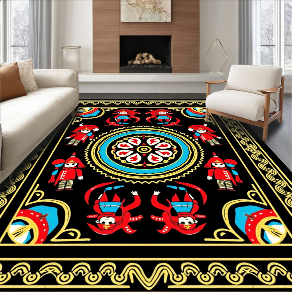 Bright Red Characters Medallion Border Rug
