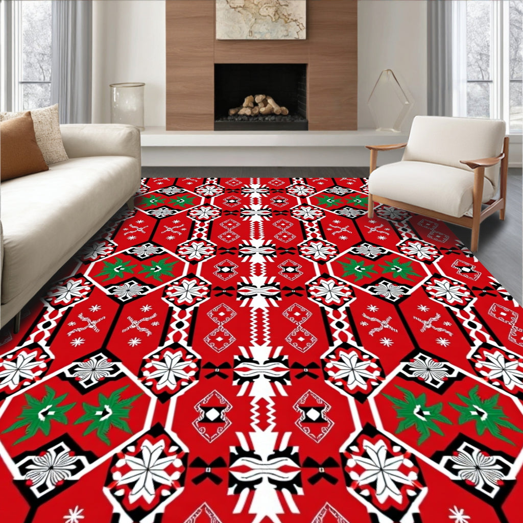 Bold Red Black White Geometric Medallion Rug