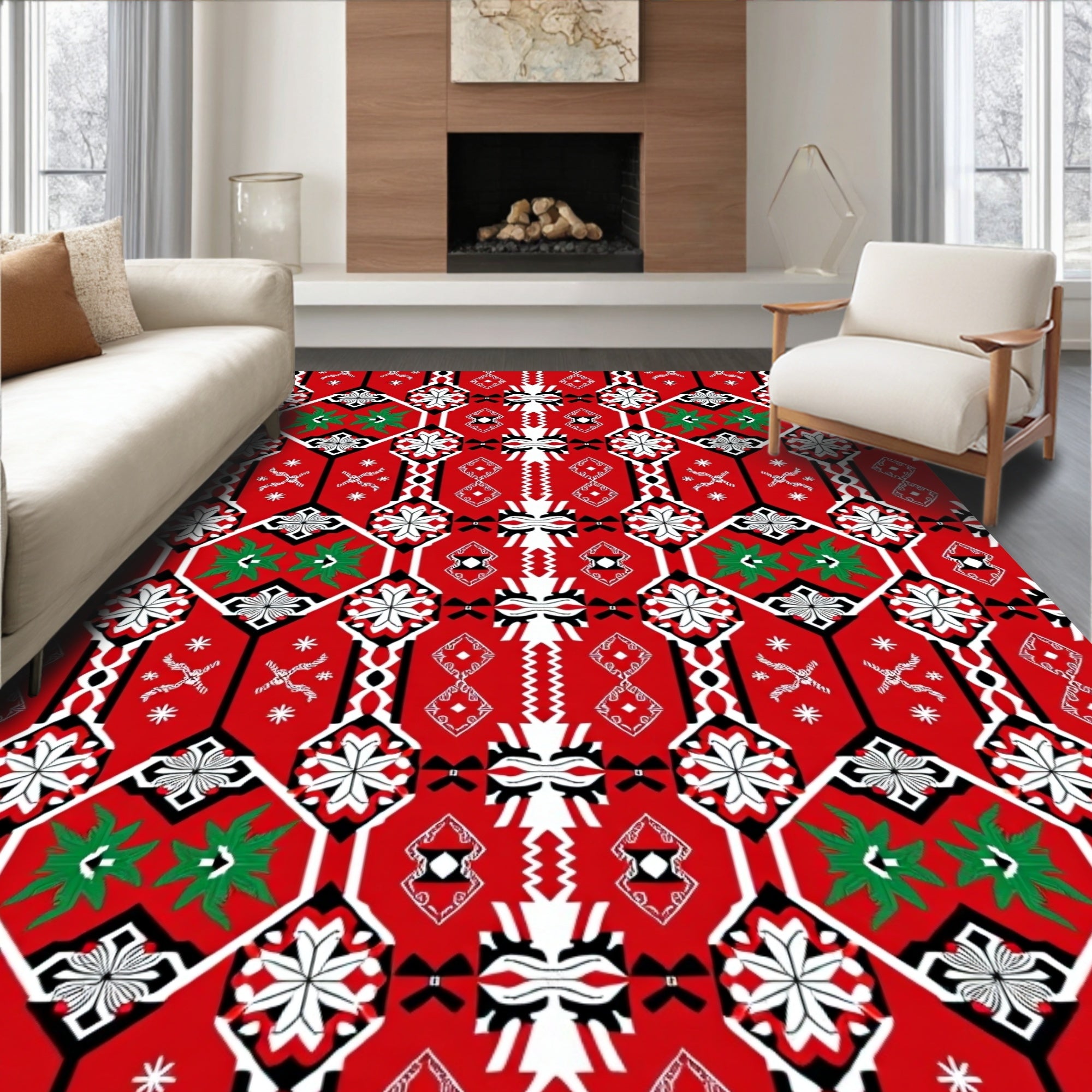 Bold Red Black White Geometric Medallion Rug