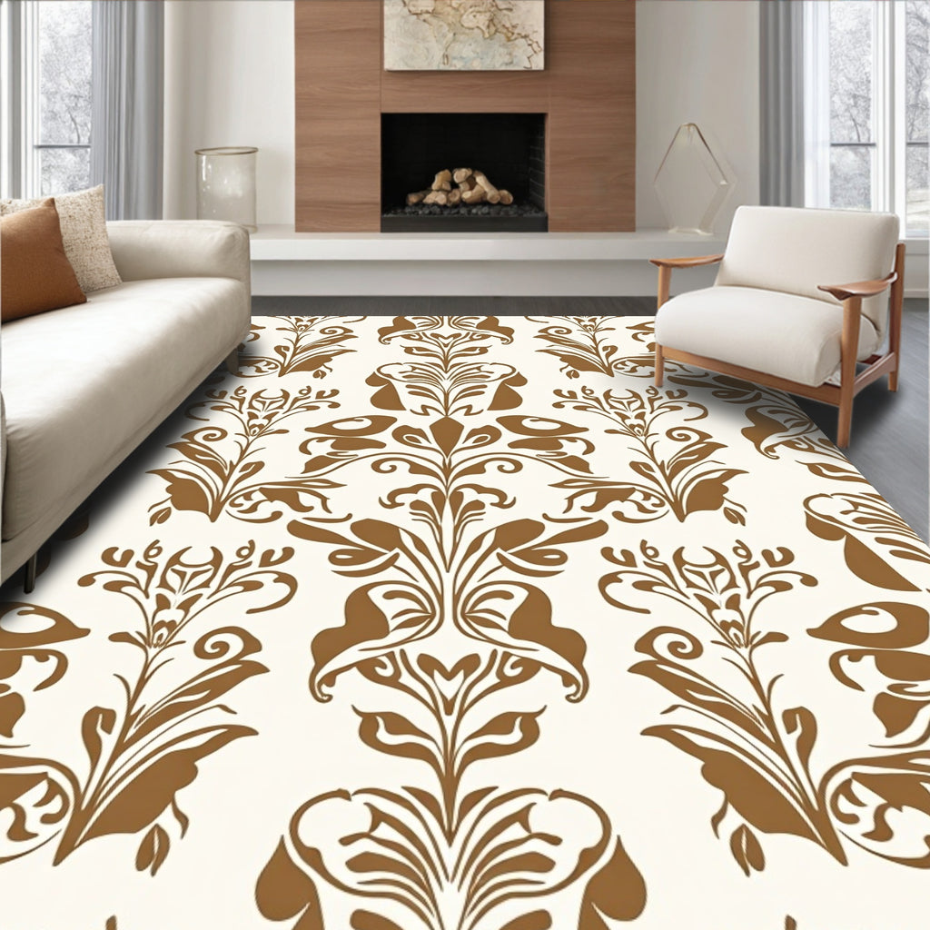 Brown Floral Damask Scrollwork Rug
