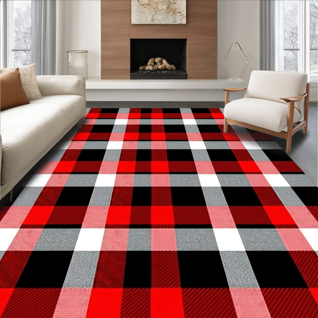 Bold Red Black White Plaid Check Rug
