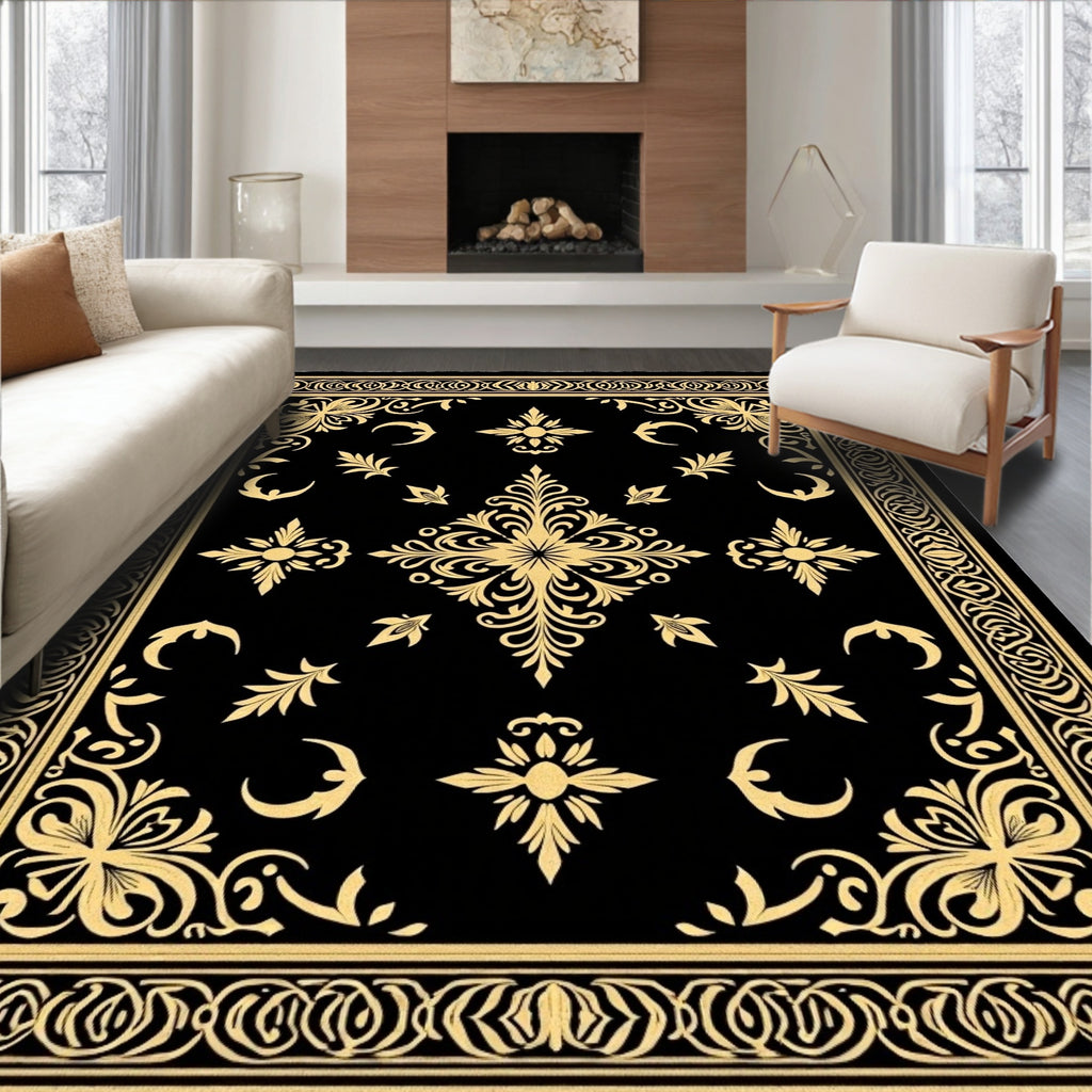 Classic Black Golden Floral Frame Rug
