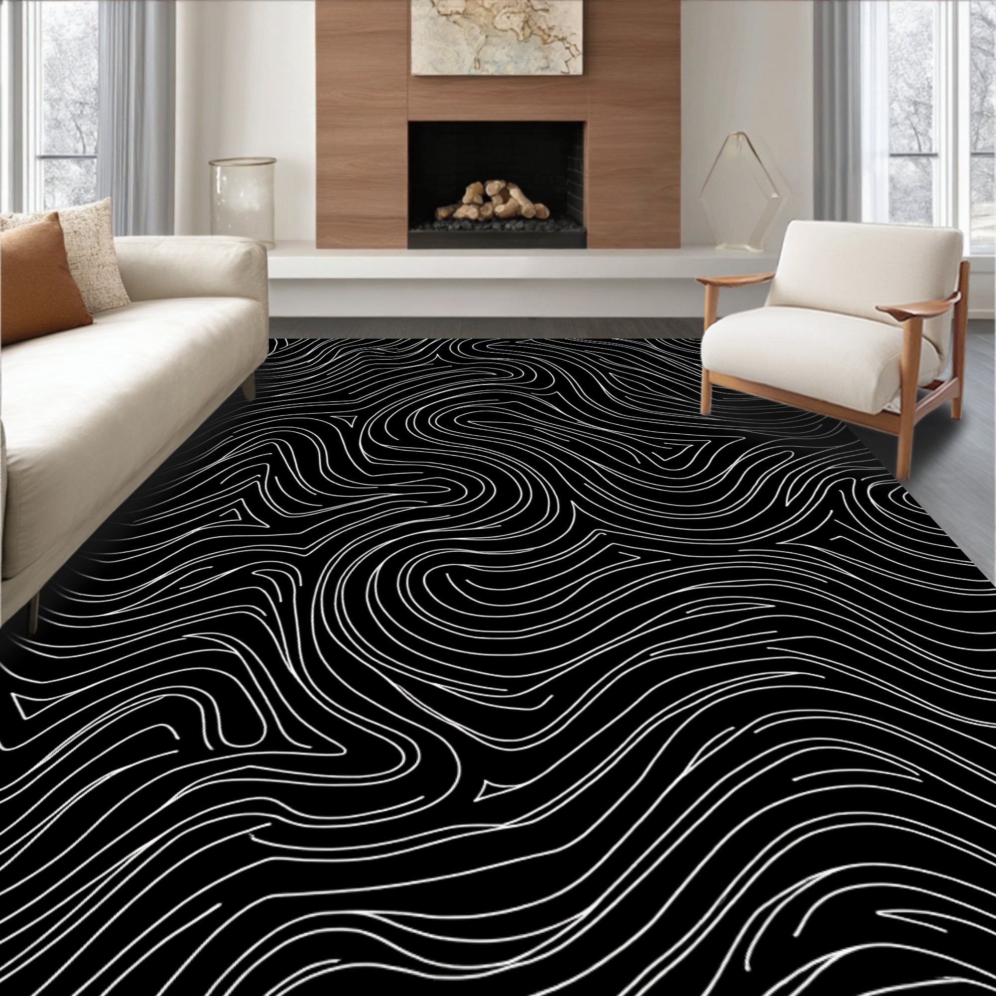 Black White Wavy Line Flow Rug