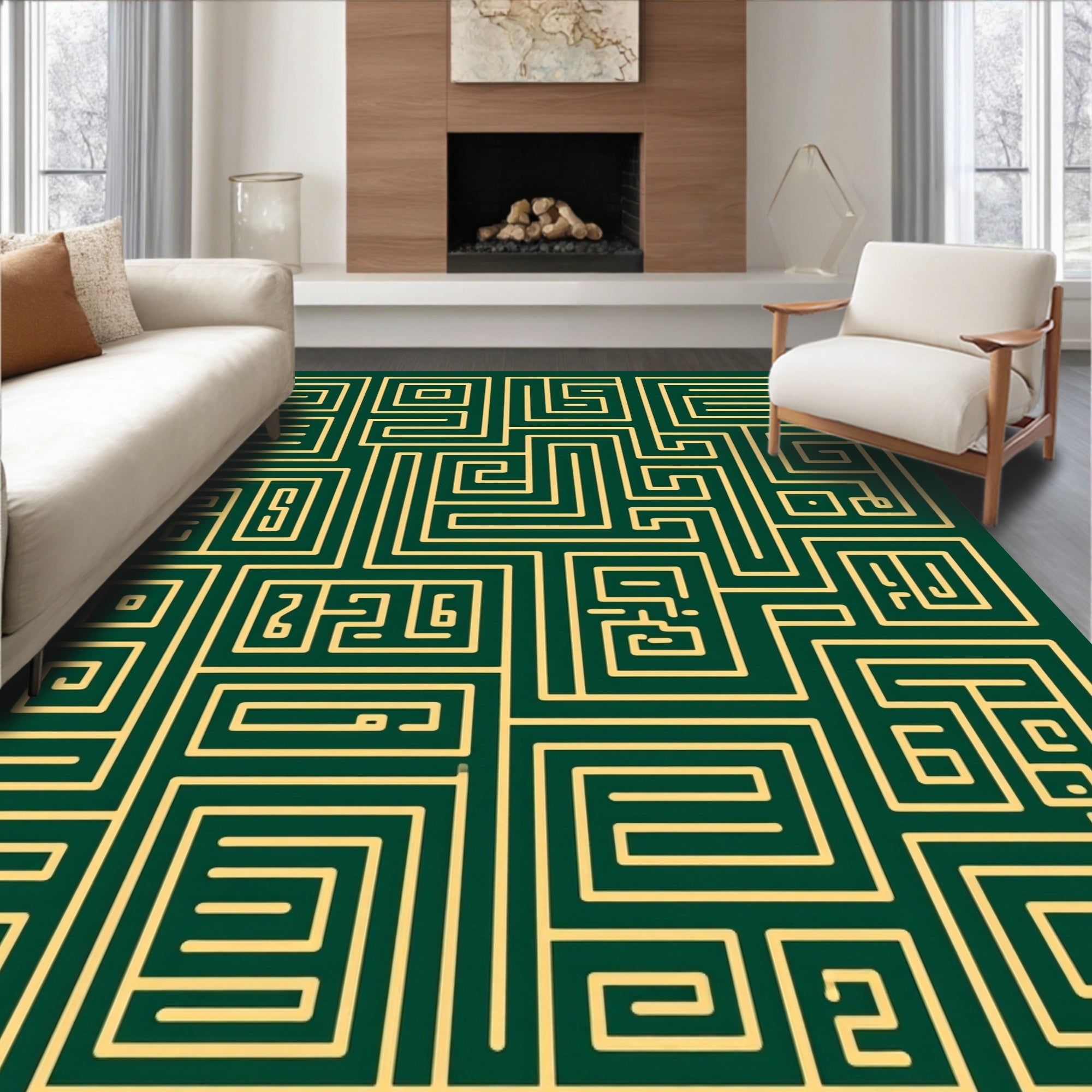 Emerald Green Golden Maze Labyrinth Rug