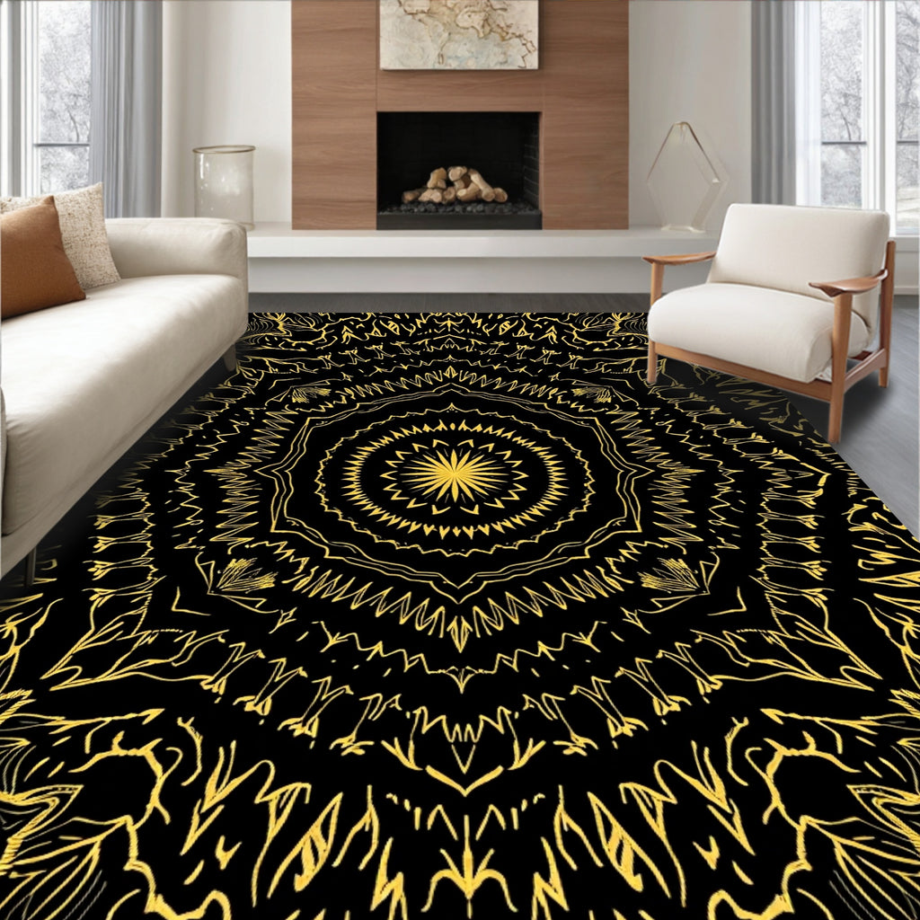 Golden Black Mandala Floral Harmony Rug
