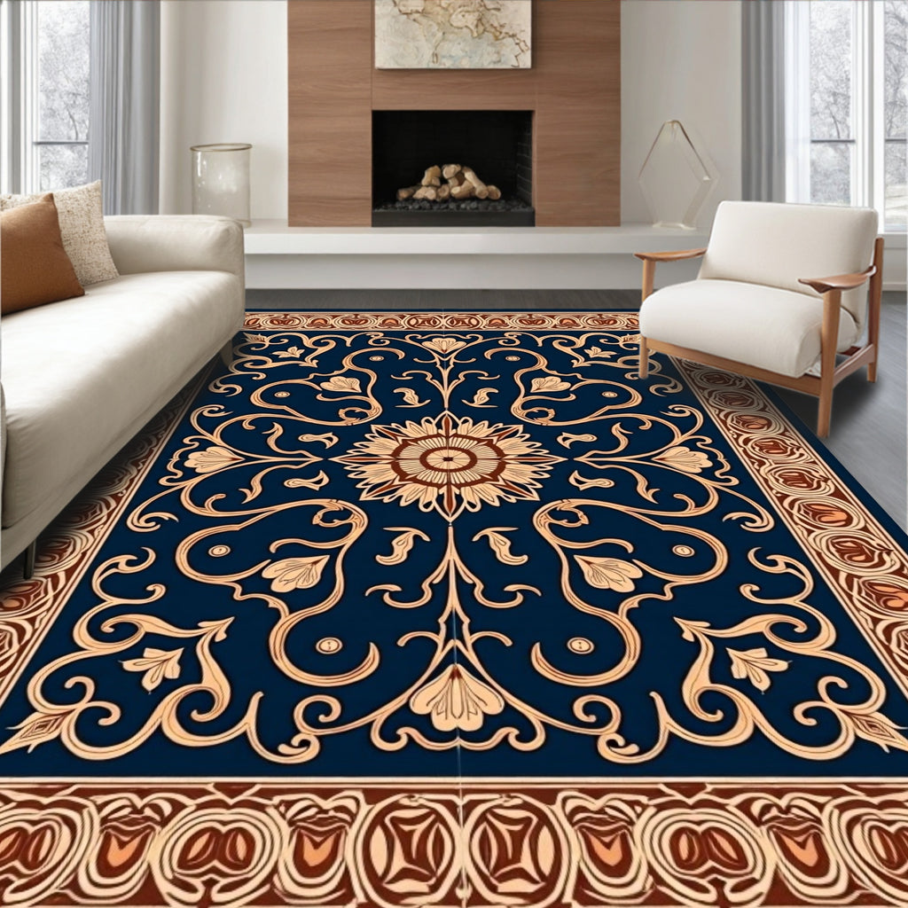 Navy Blue Floral Scrollwork Medallion Rug