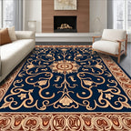 Navy Blue Floral Scrollwork Medallion Rug