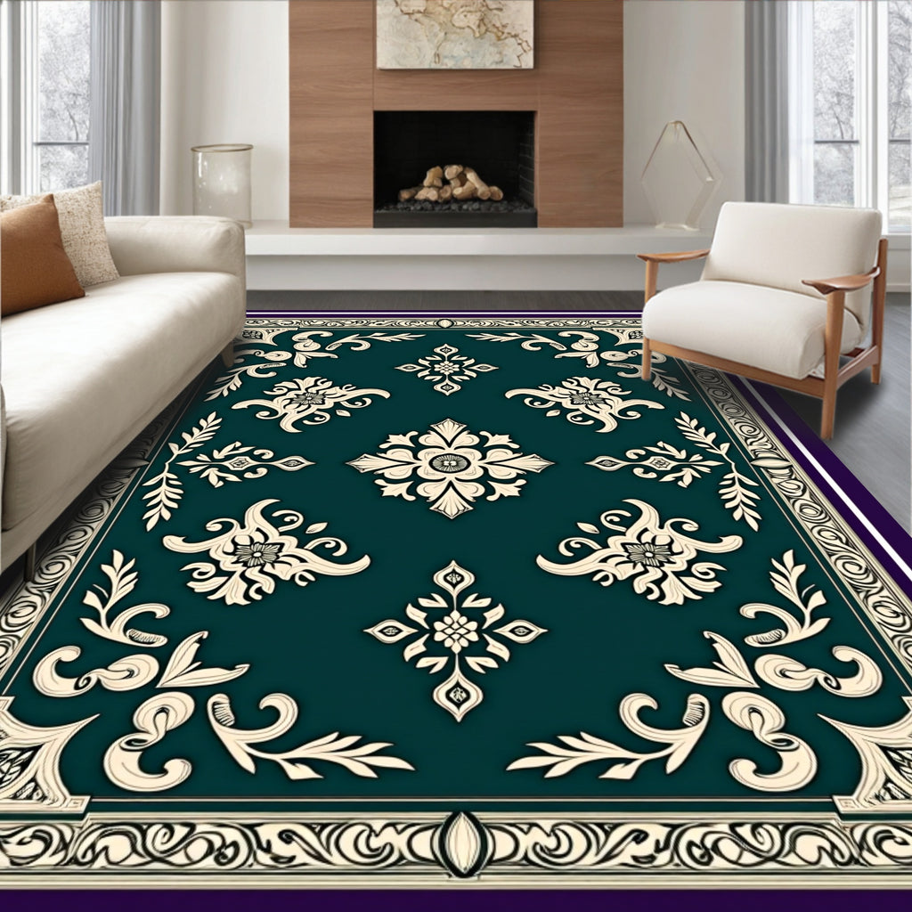 Deep Teal Ivory Medallion Floral Border Rug