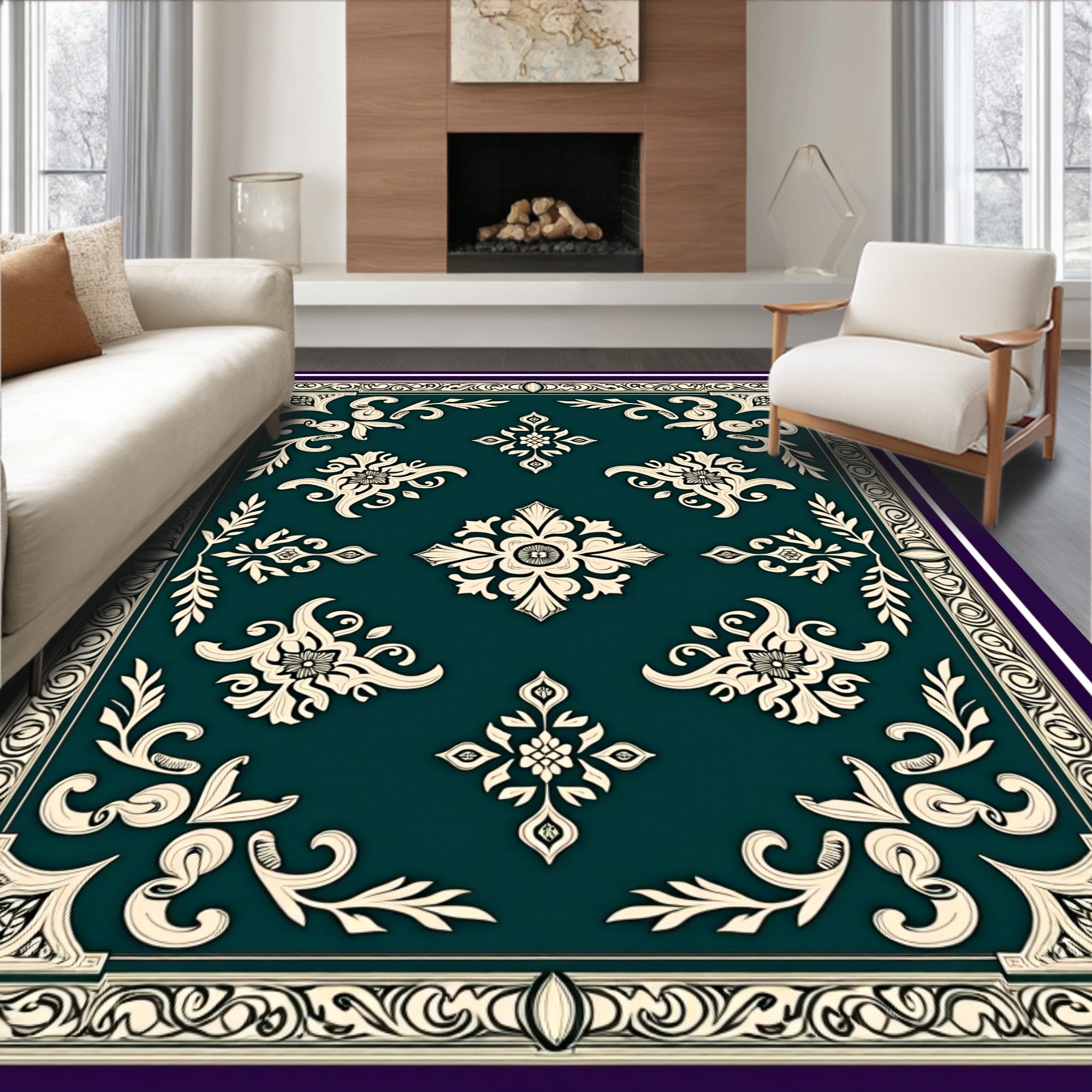 Deep Teal Ivory Medallion Floral Border Rug