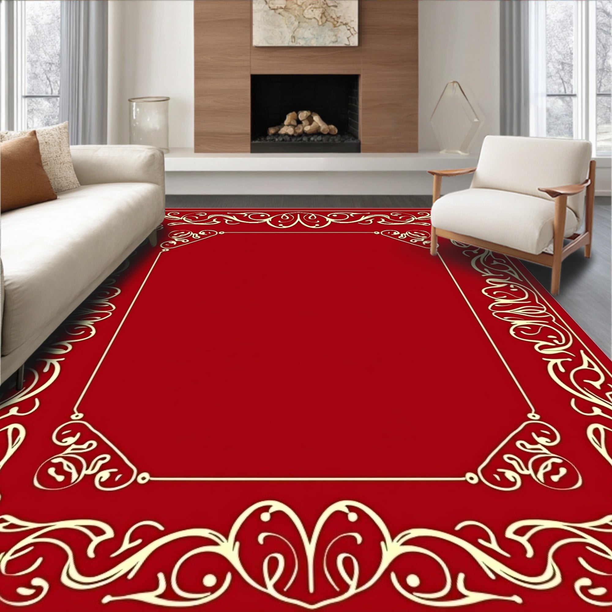 Crimson Golden Floral Scroll Border Rug