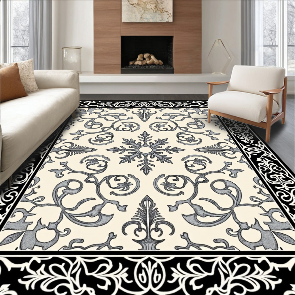 Classic Ivory Black Damask Scroll Rug