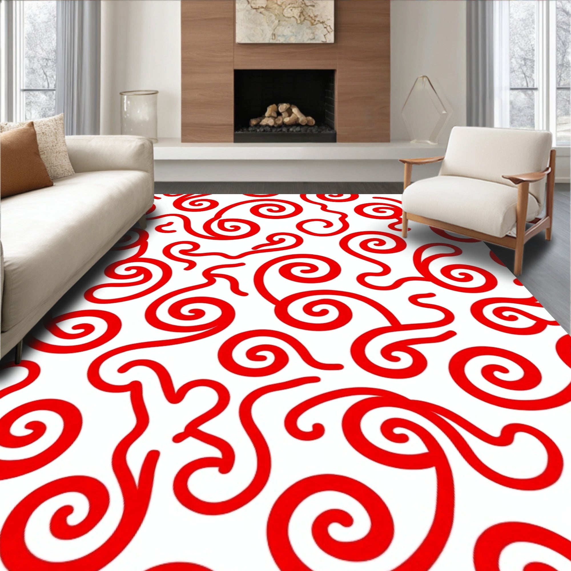 Bold Red Swirls Serpentine Flow Rug