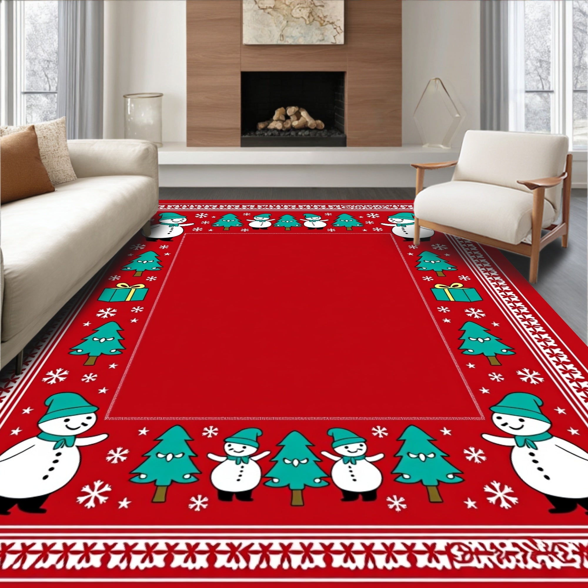 Festive Snowmen Christmas Tree Border Rug