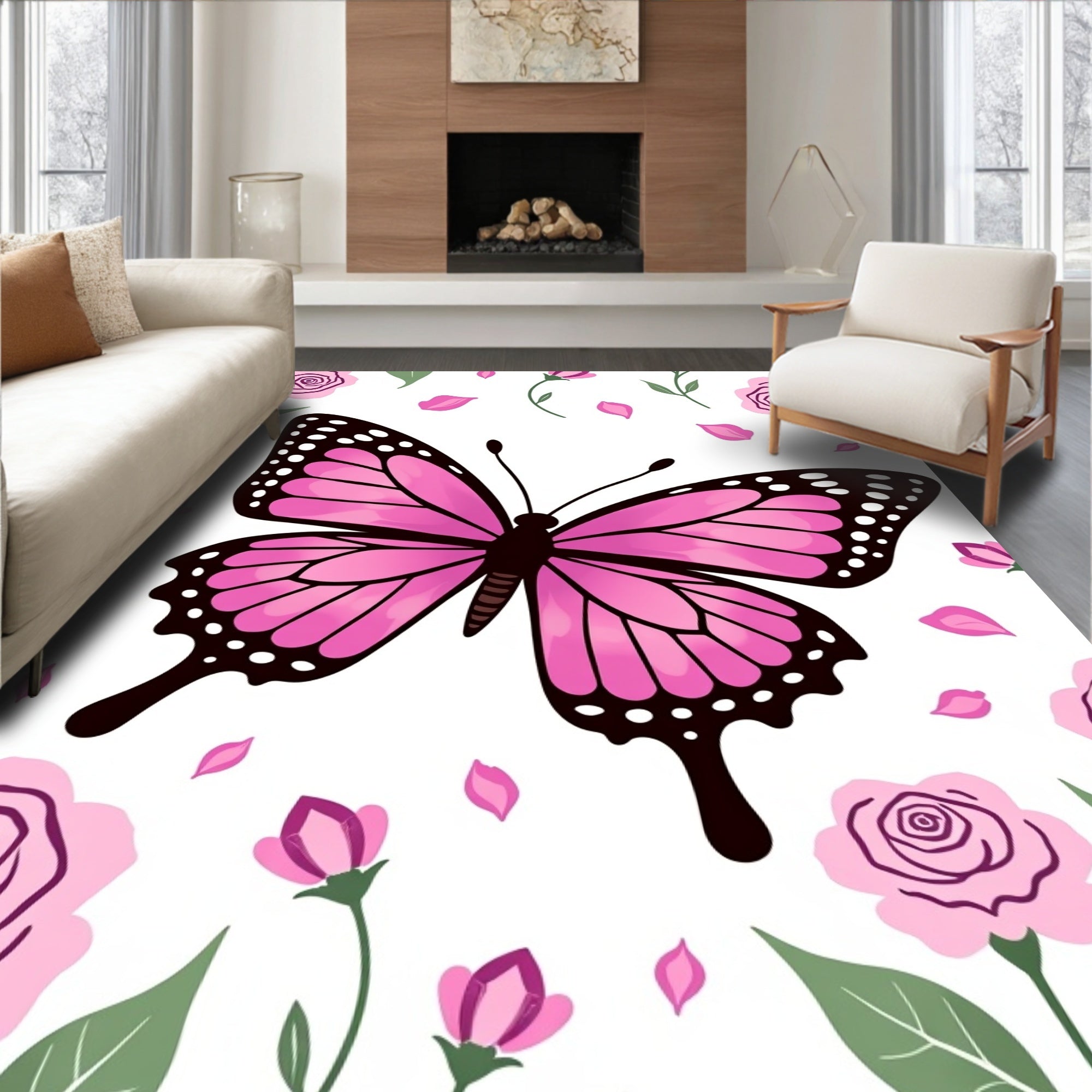 Pink Butterfly Rose Garden Rug