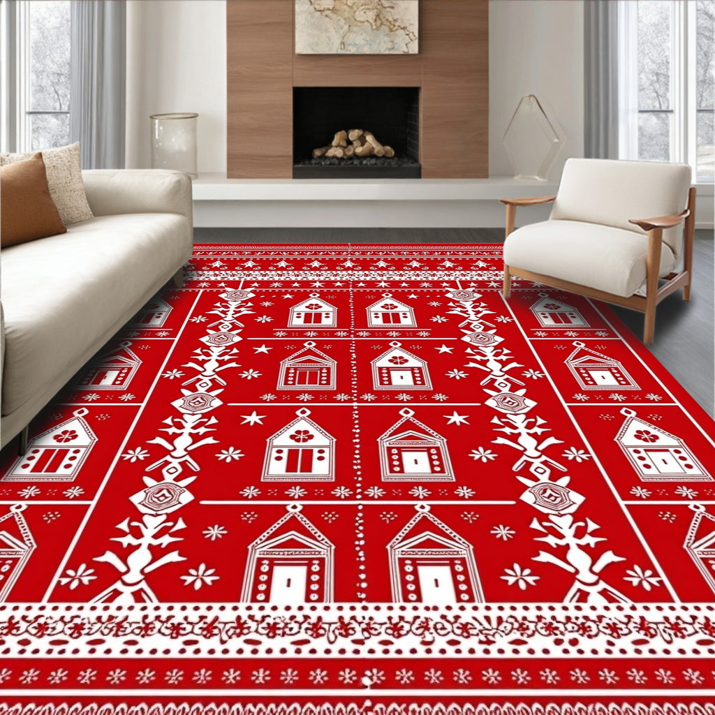 Red White Folk Art House Collection Rug